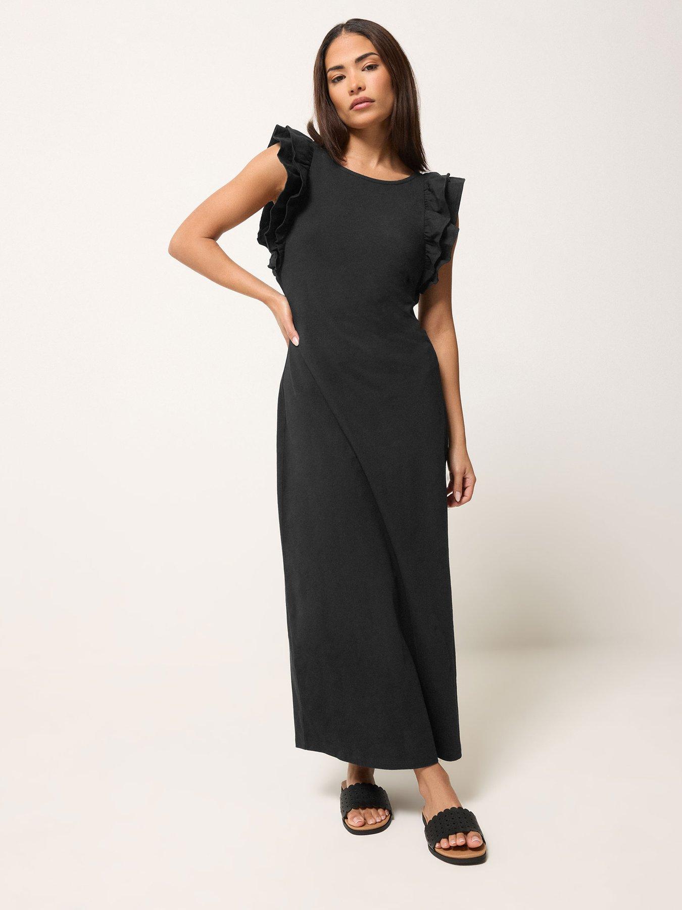 Image 4 of 6 of PixieGirl Petite Frill Shoulder Maxi Dress - Black