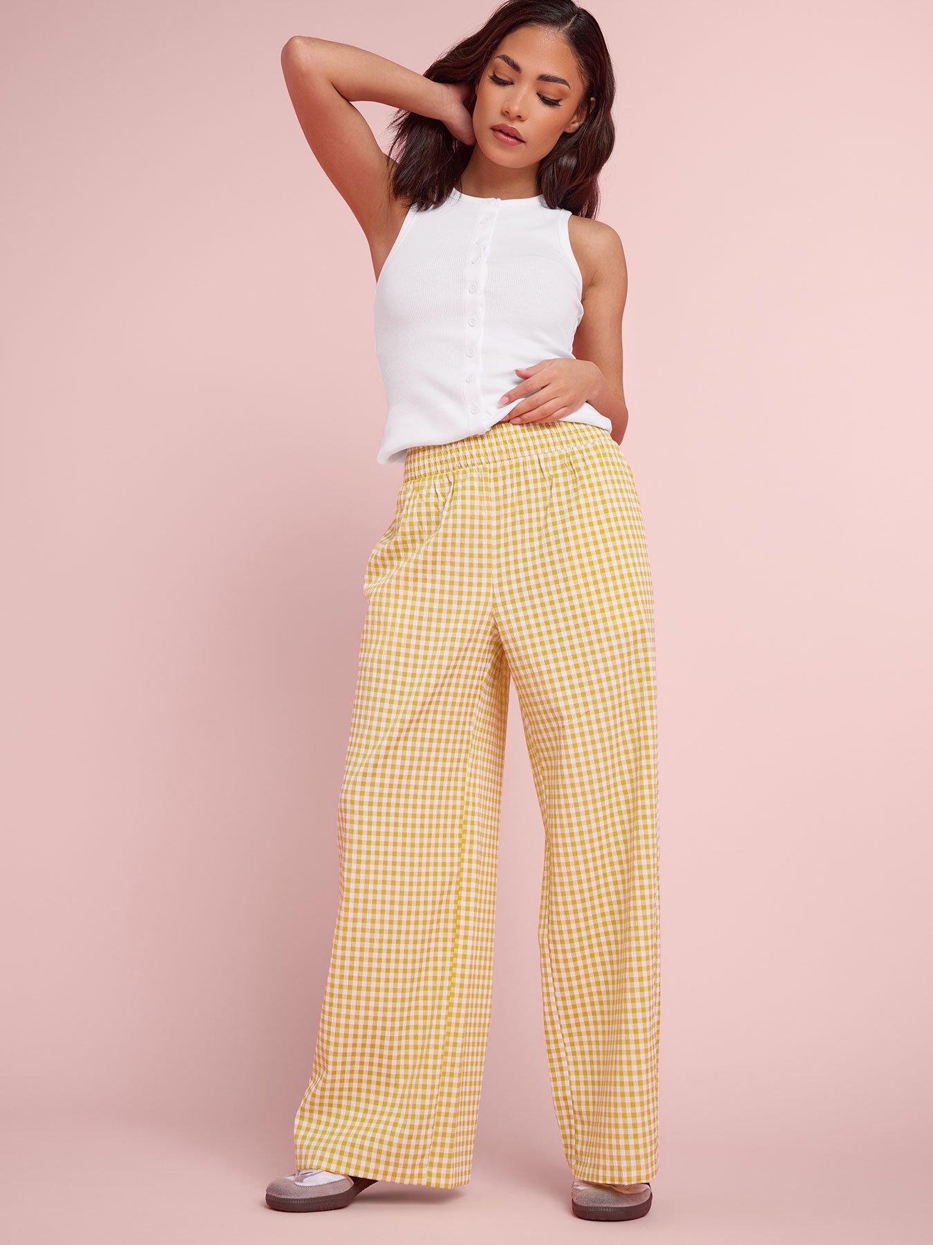 PixieGirl Petite Gingham Shirred Waist Wide Leg Trousers