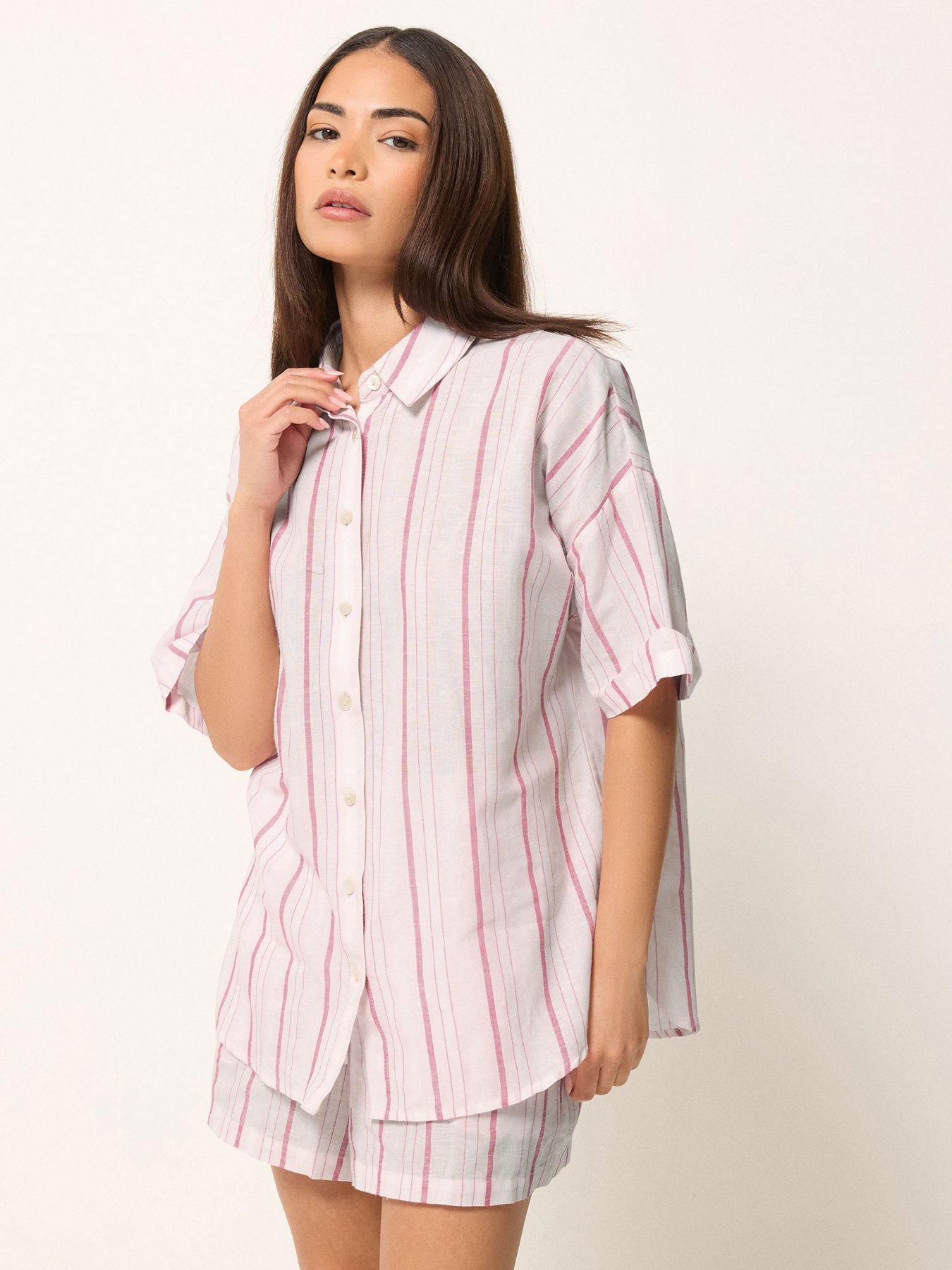 PixieGirl Petite Stripe Short Sleeve Shirt Containing Linen - Pink