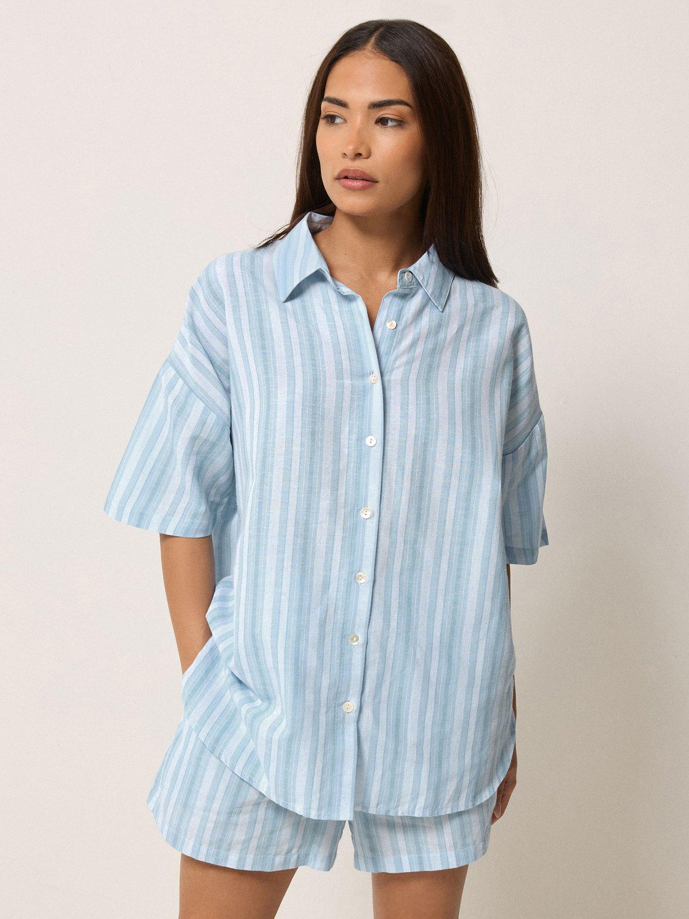 Image 1 of 4 of PixieGirl Petite Stripe Short Sleeve Shirt Containing Linen
