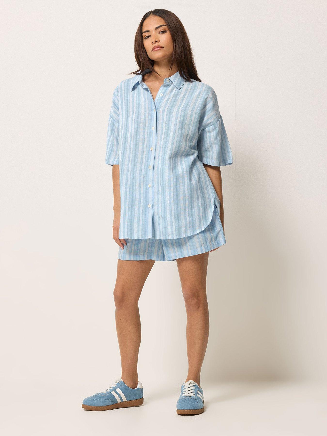 Image 3 of 4 of PixieGirl Petite Stripe Short Sleeve Shirt Containing Linen