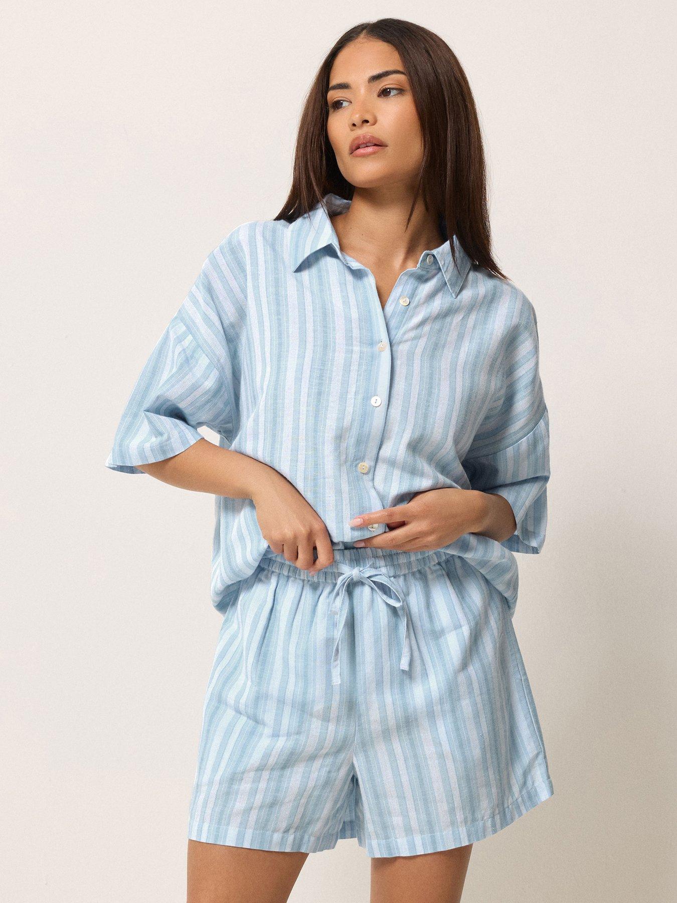 Image 1 of 5 of PixieGirl Petite Stripe Short Sleeve Shorts Containing Linen