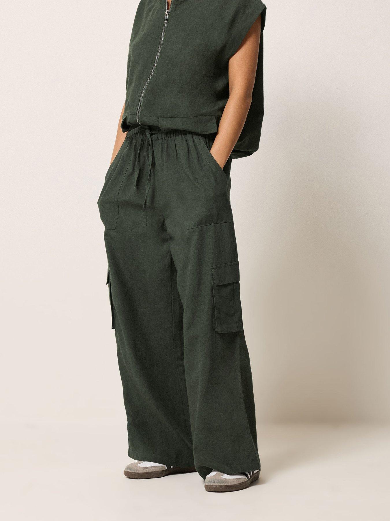 Image 1 of 5 of PixieGirl Petite Cargo Wide Leg Trousers Containing Linen