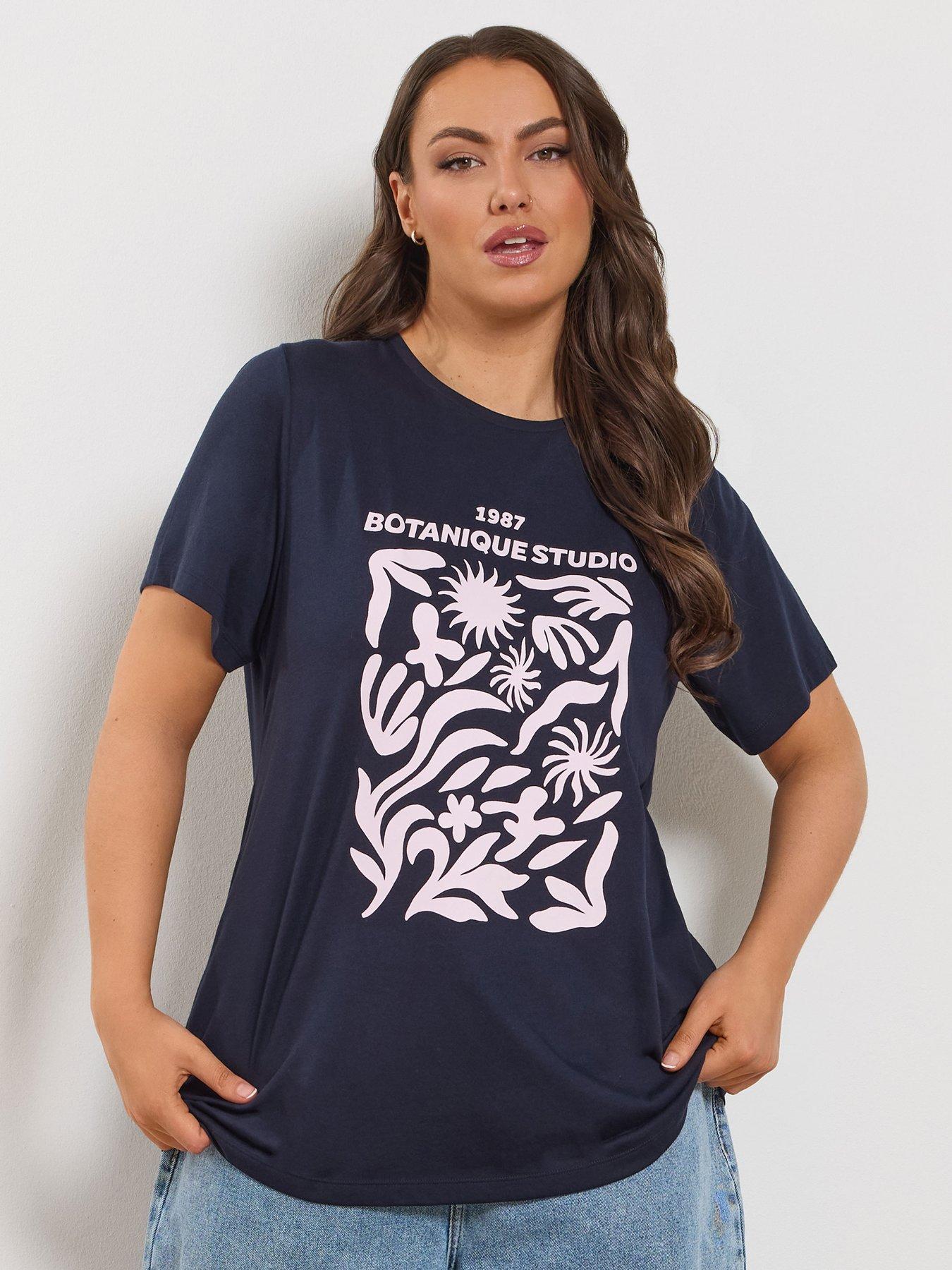 Image 1 of 5 of Yours Curve Placement T-Shirt - Blue