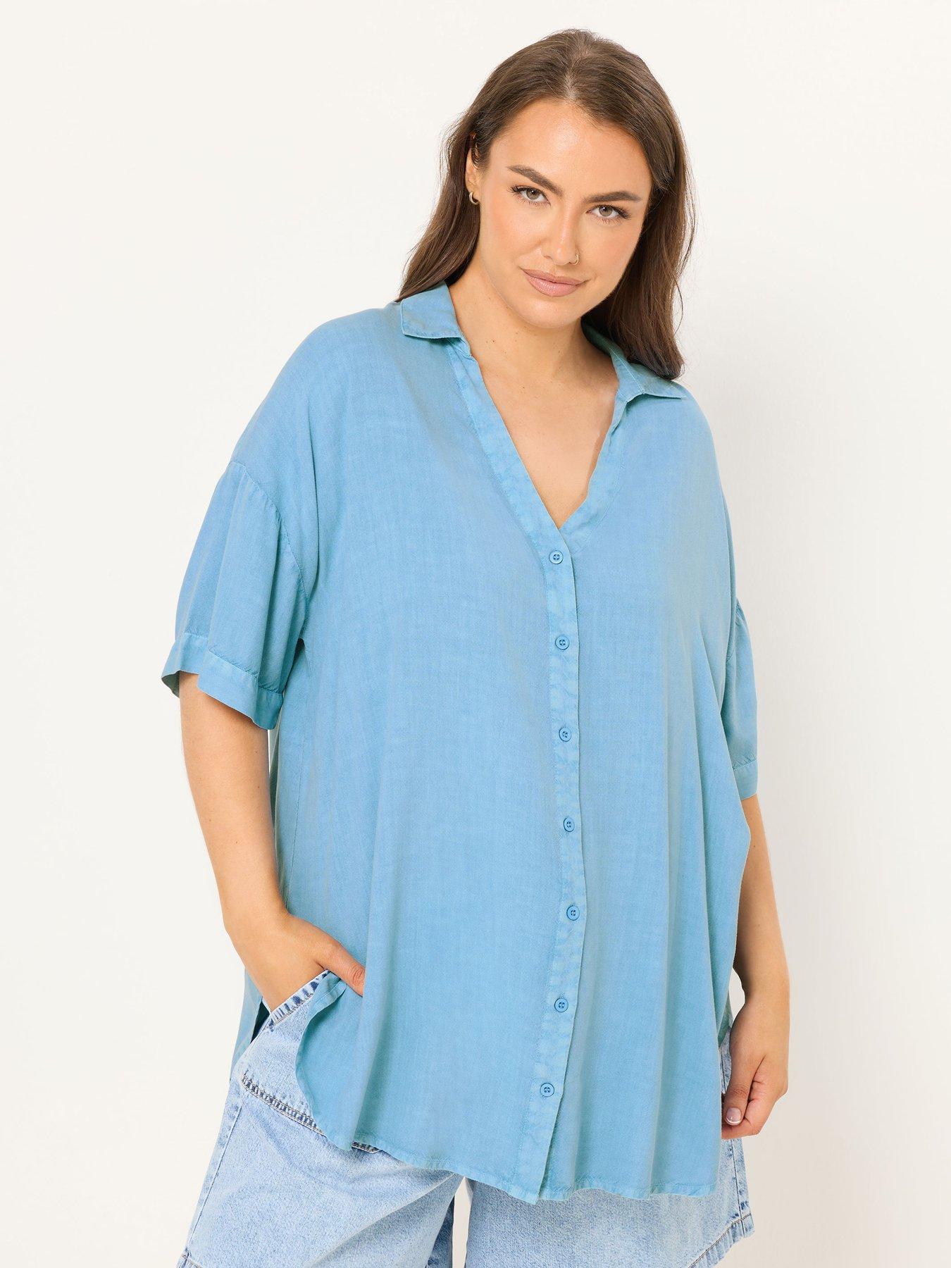 Image 1 of 5 of Yours Curve Short Sleeve Chambray Shirt - Blue