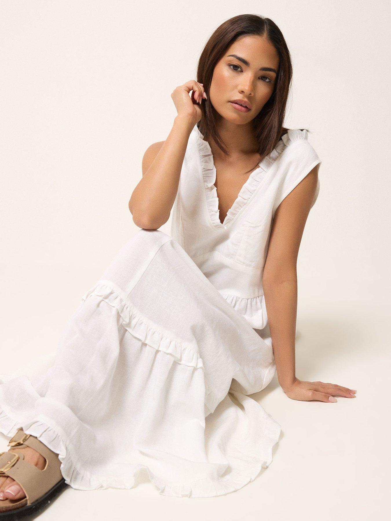Image 3 of 4 of PixieGirl Petite Tie Back Tiered Dress - White