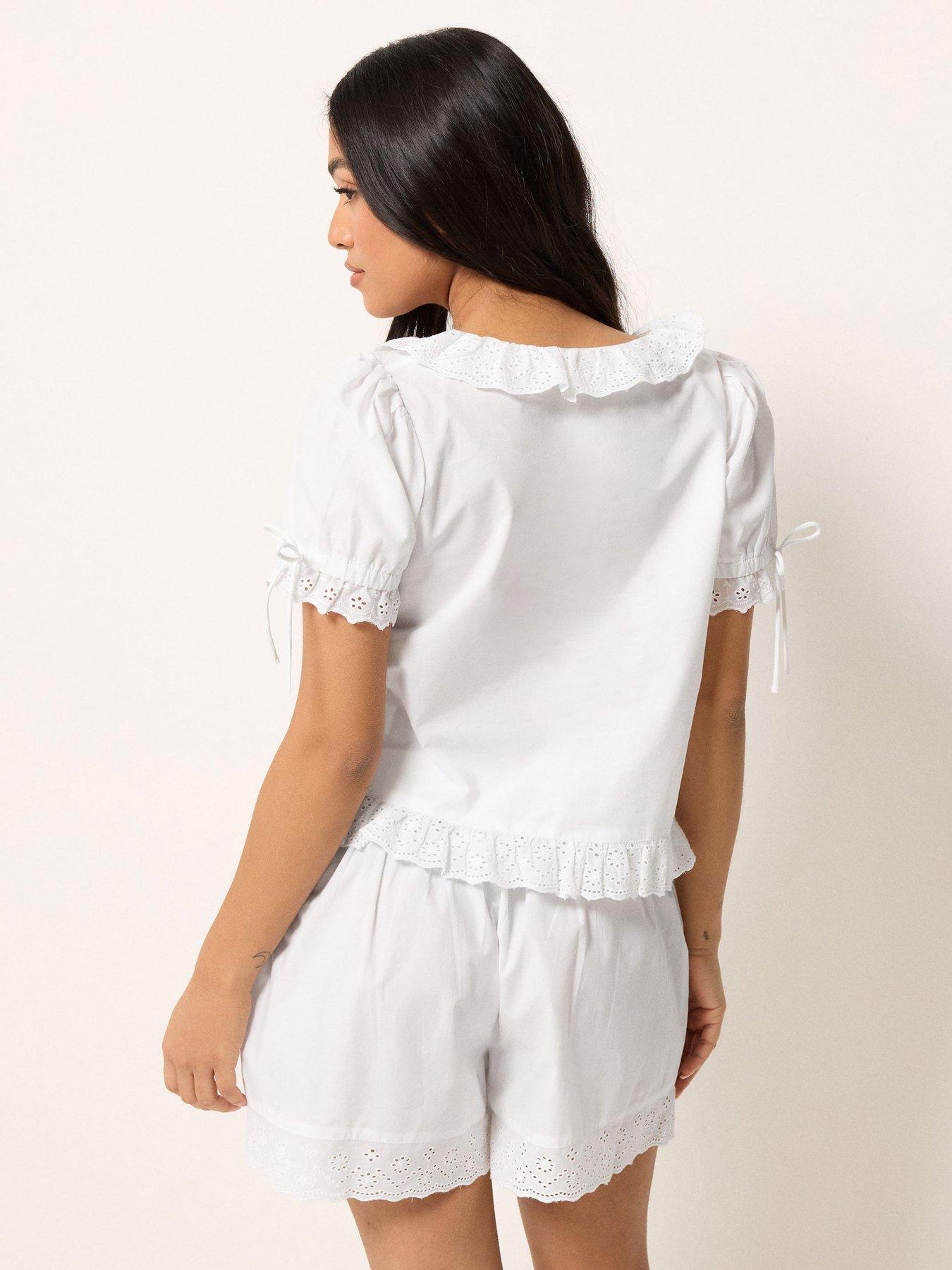 Image 2 of 5 of PixieGirl Petite Short Sleeve Broderie Trim Tie Front Top - White