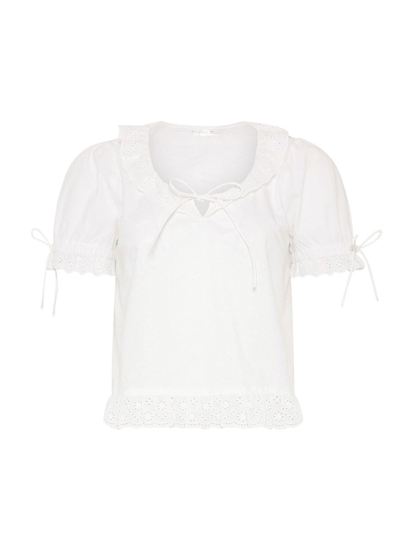 Image 5 of 5 of PixieGirl Petite Short Sleeve Broderie Trim Tie Front Top - White