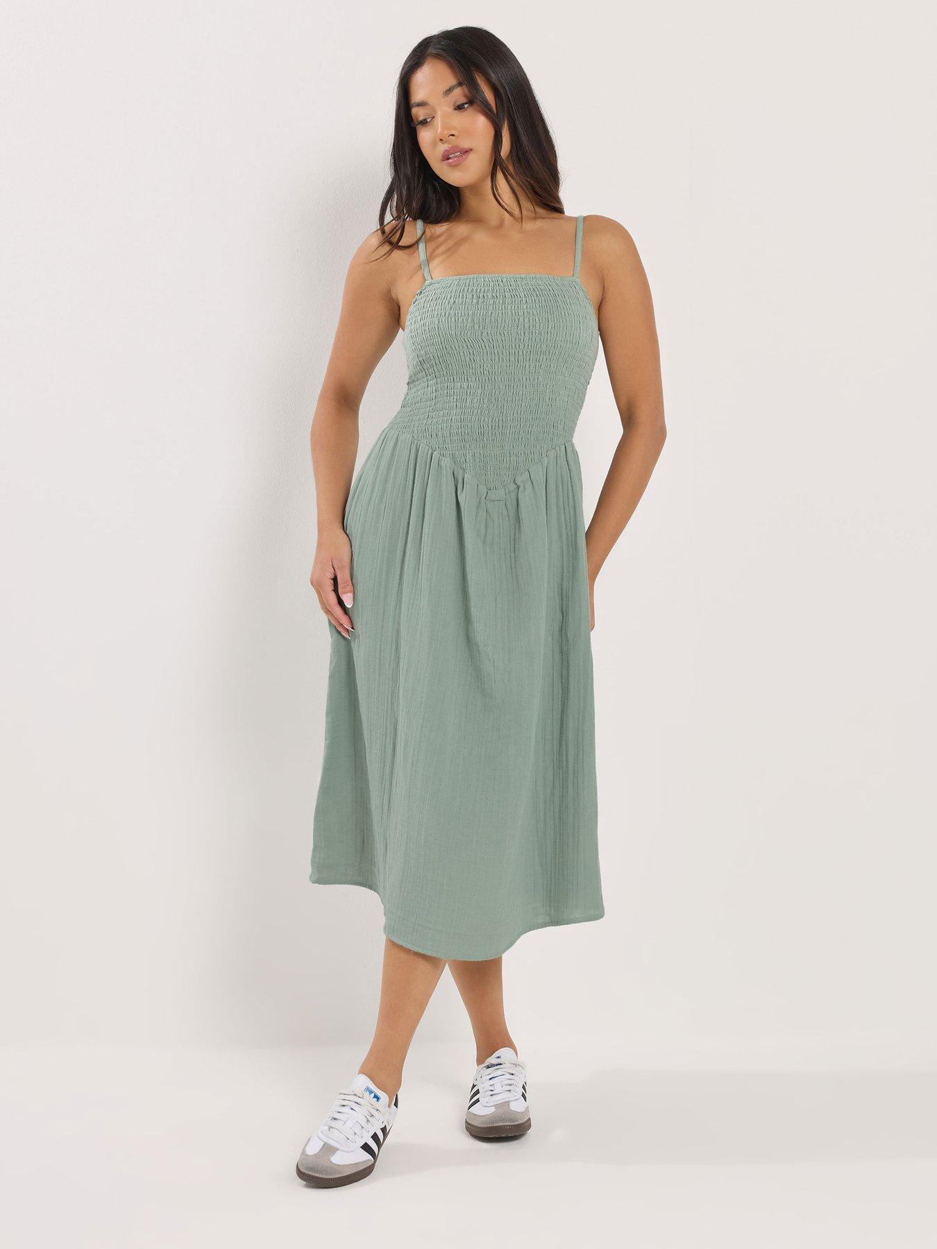 PixieGirl Petite Shirred Cheesecloth Midi Dress - Green