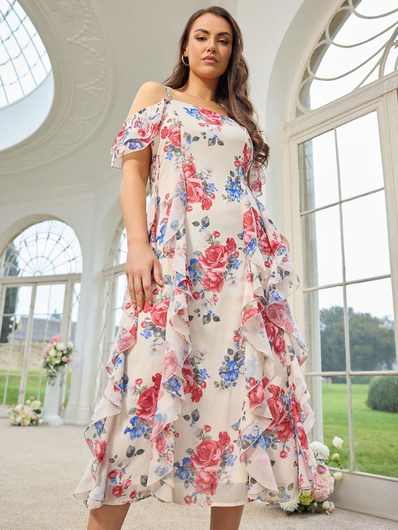 Image 1 of 6 of Yours Curve Rose Floral Ruffle Dress - White