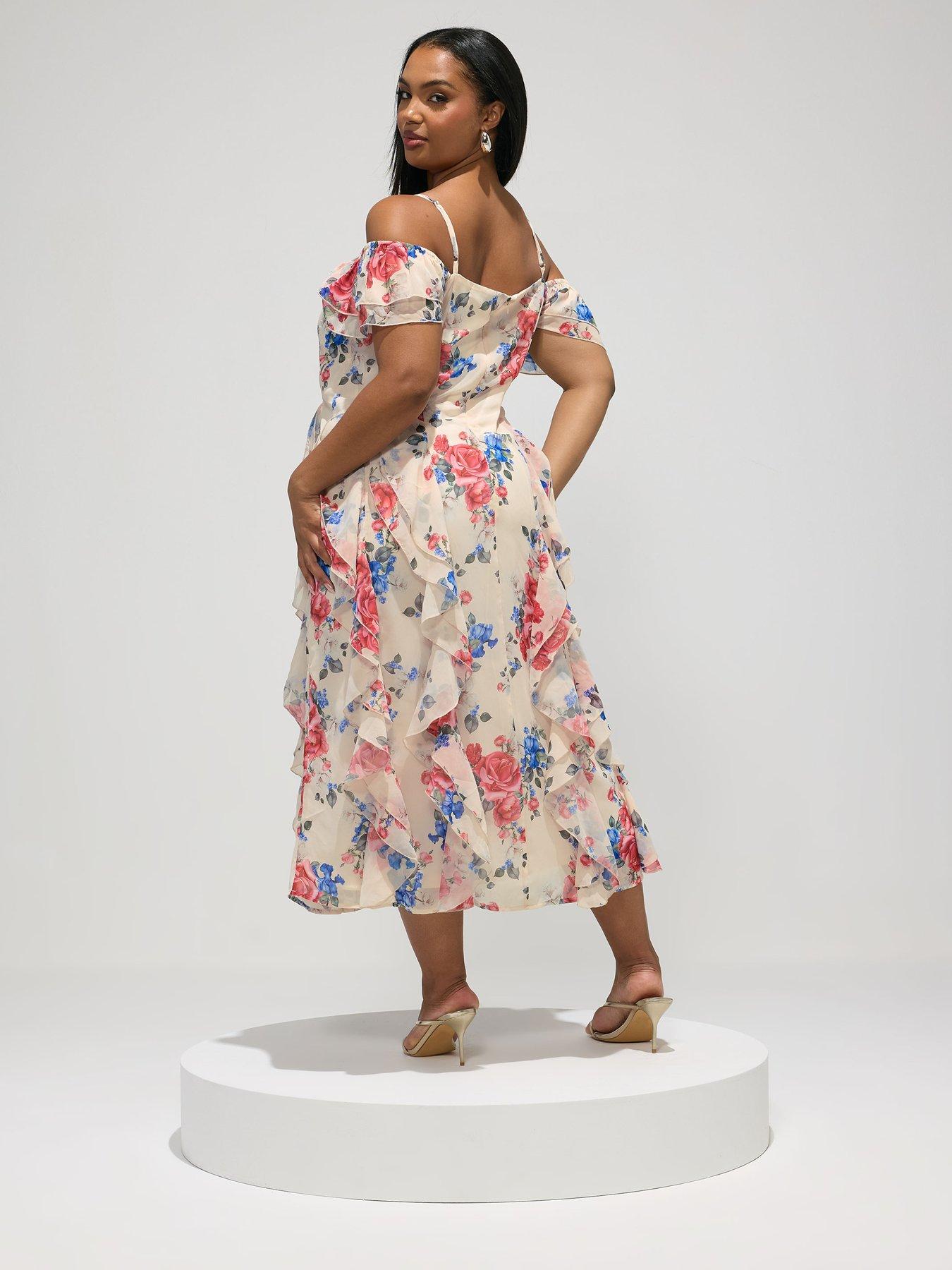 Image 2 of 6 of Yours Curve Rose Floral Ruffle Dress - White