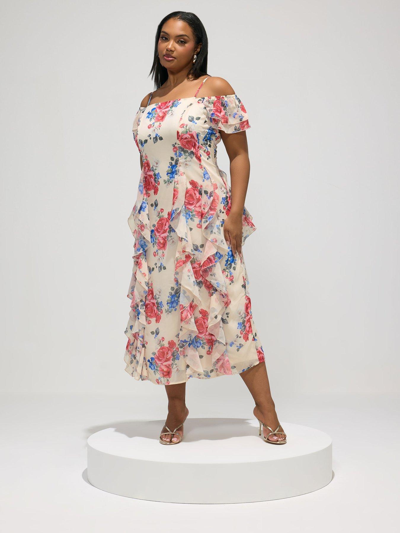 Image 3 of 6 of Yours Curve Rose Floral Ruffle Dress - White