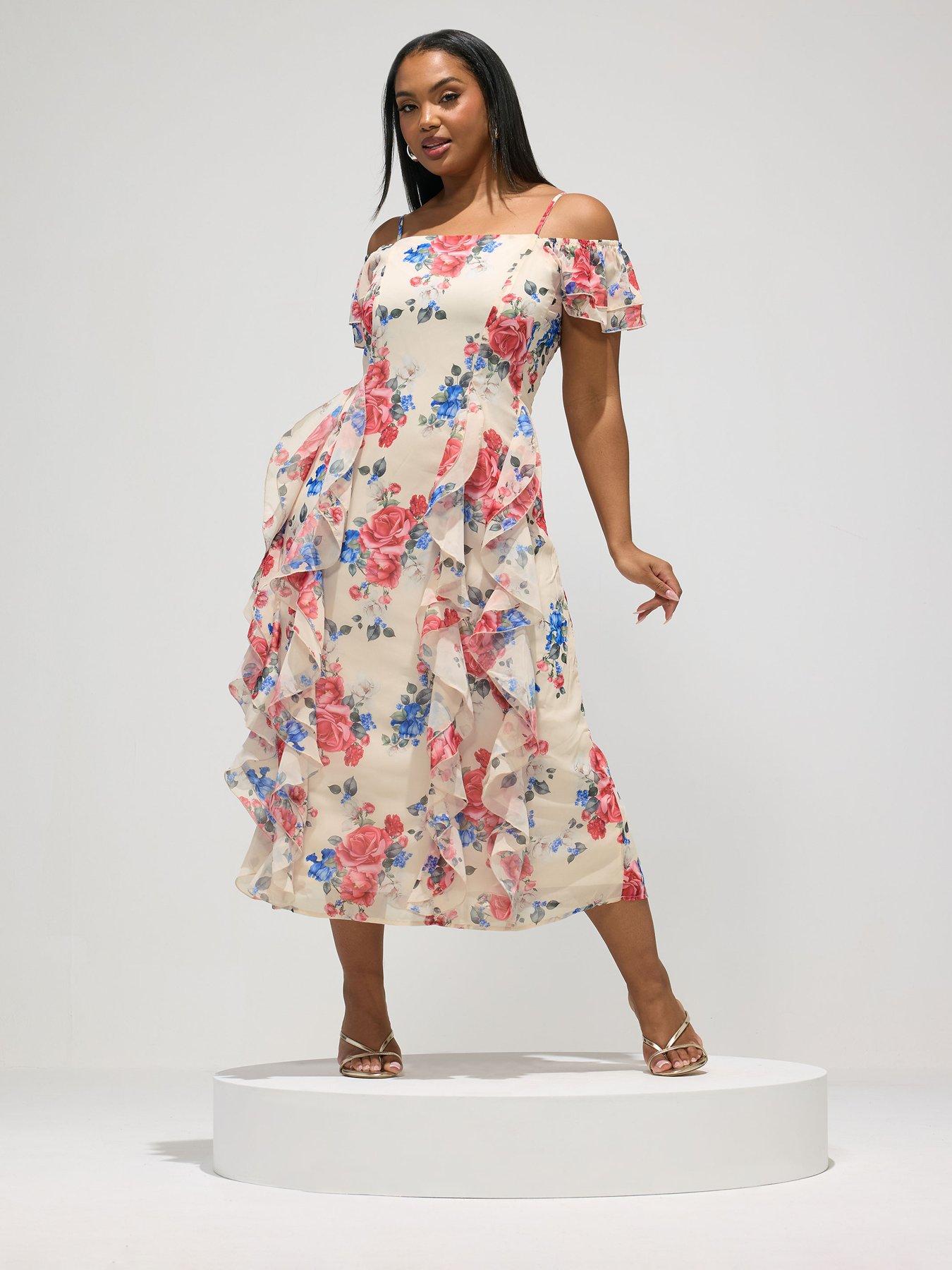 Image 4 of 6 of Yours Curve Rose Floral Ruffle Dress - White