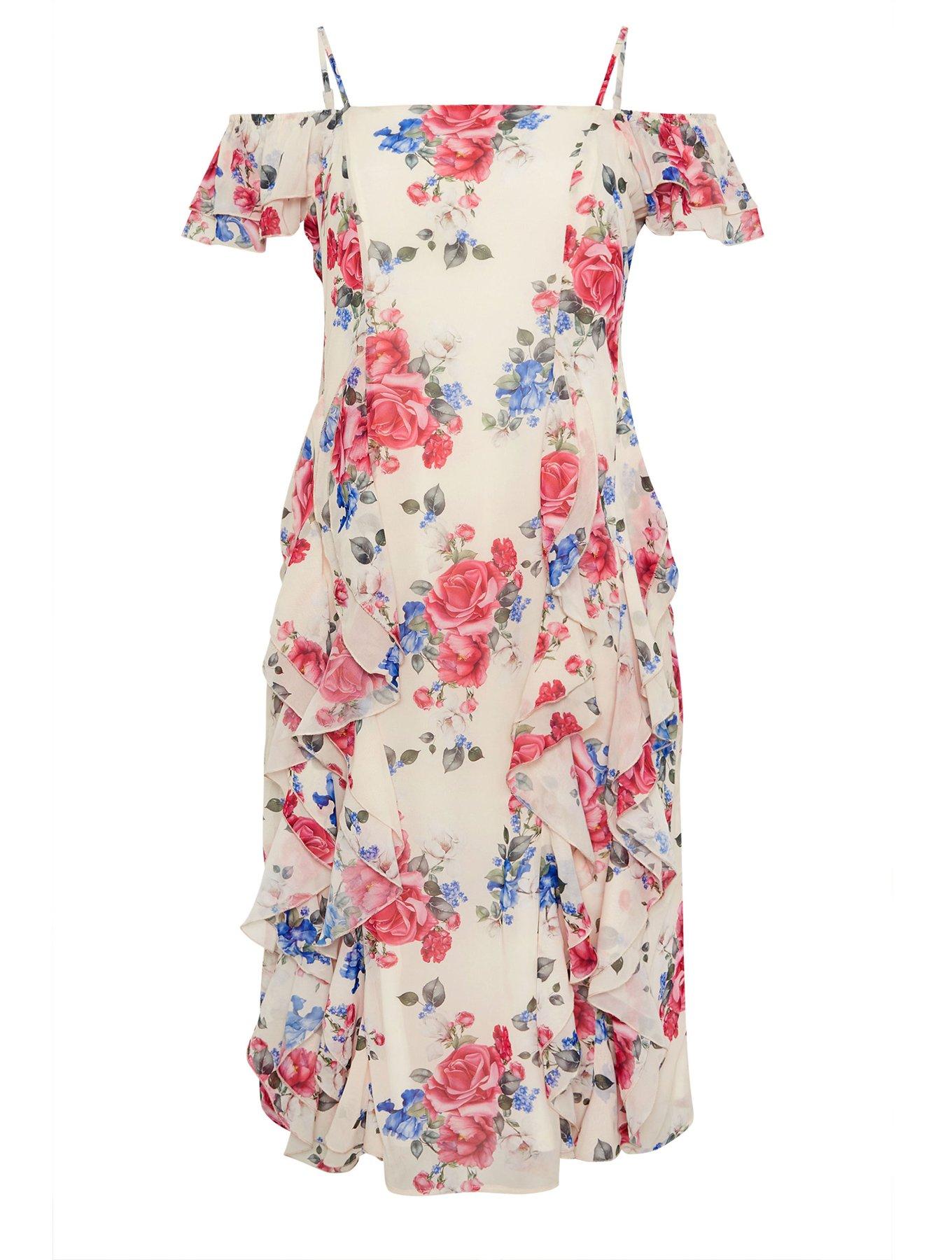 Image 6 of 6 of Yours Curve Rose Floral Ruffle Dress - White
