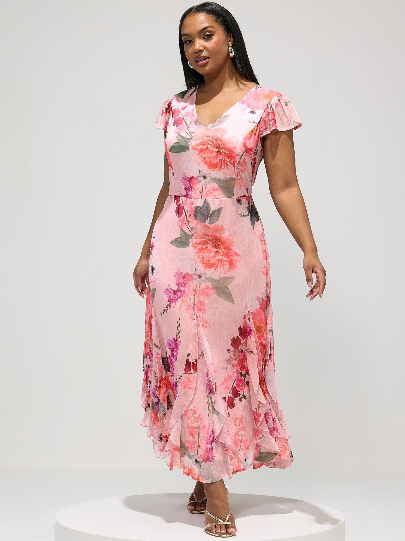 Yours Curve Floral Godet Dress - Pink