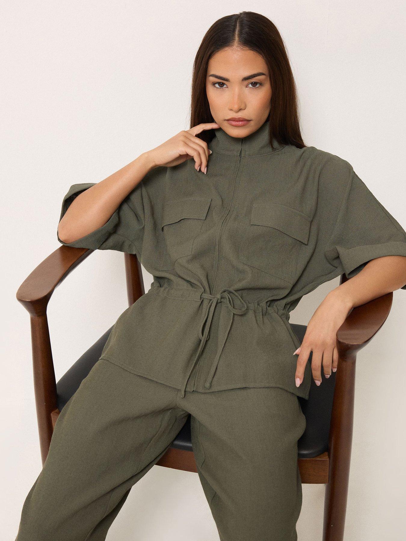 Image 1 of 5 of PixieGirl Petite Short Sleeve Linen Look Tie Shacket