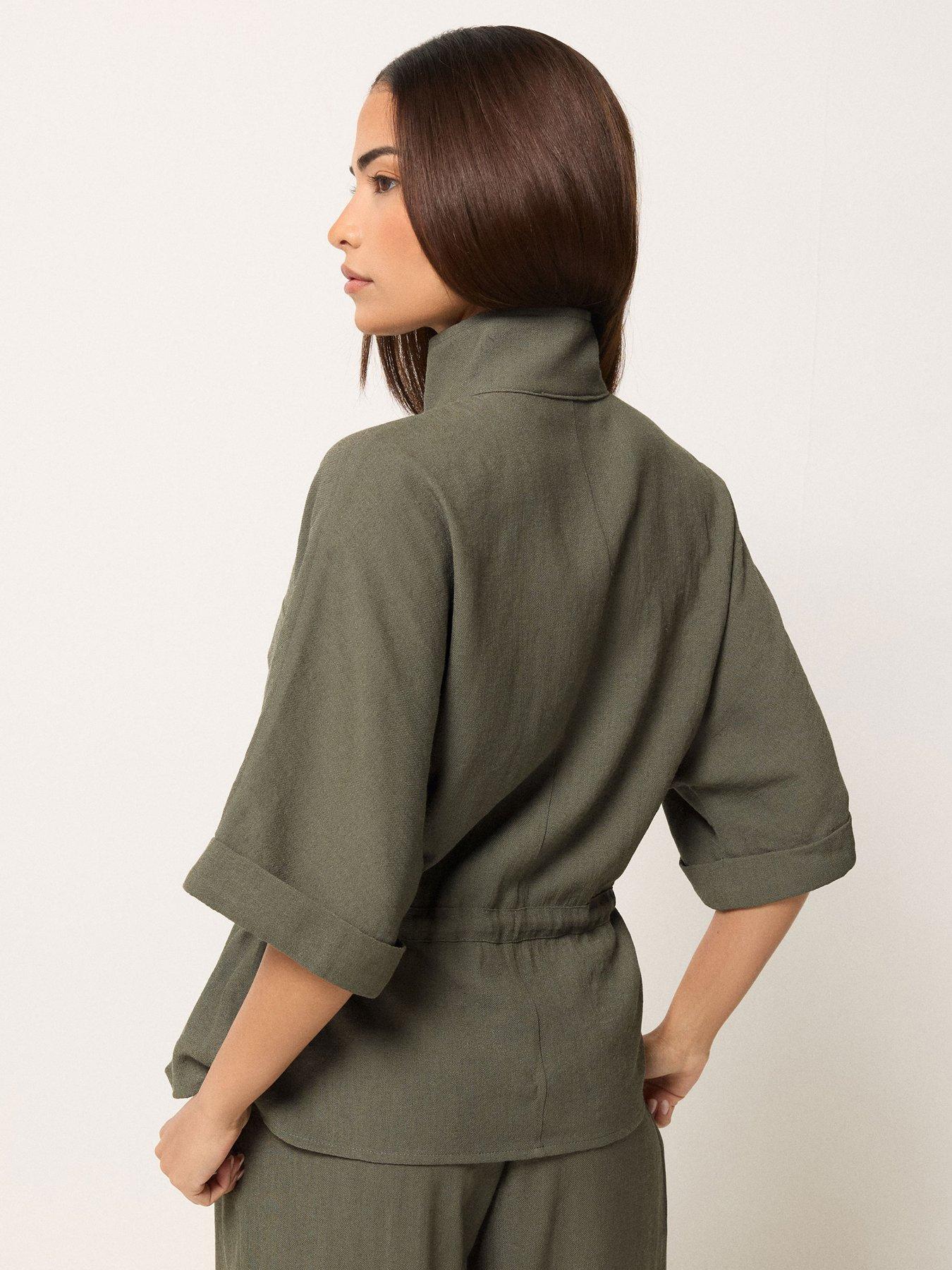 pixiegirl-petite-short-sleeve-linen-look-tie-shacket-greenstillFront