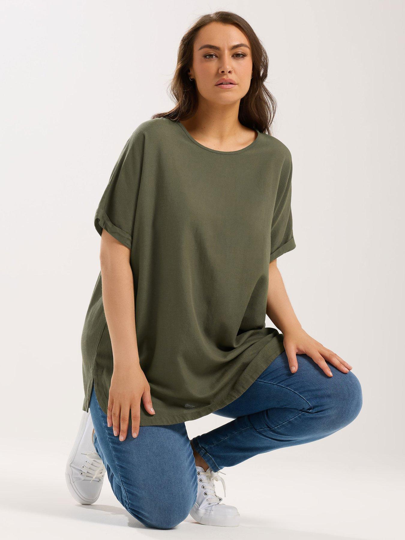 Image 1 of 5 of Yours Curve Linen Boxy Top - Green
