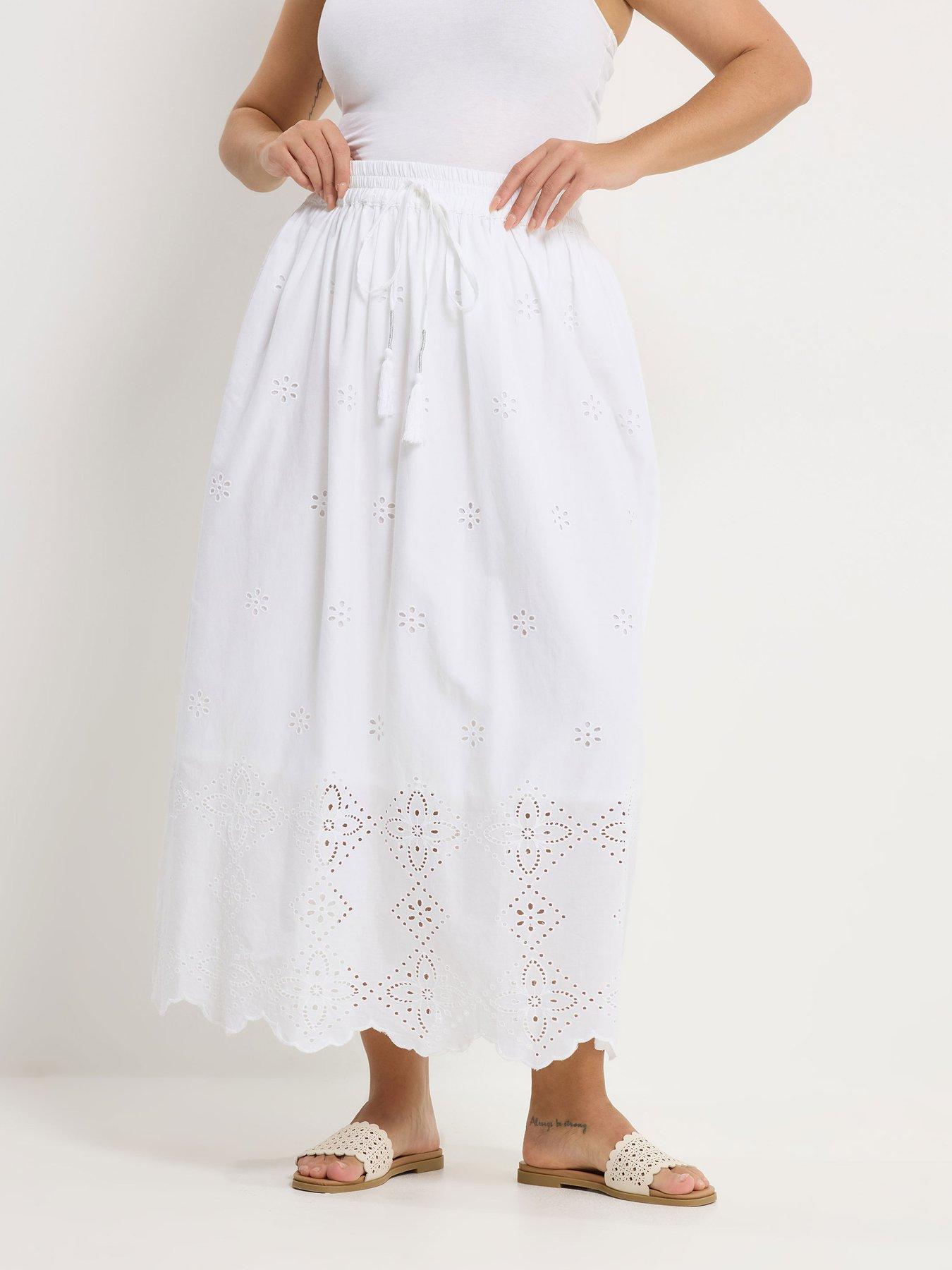 Image 1 of 5 of Yours Curve Broderie Maxi Skirt - White