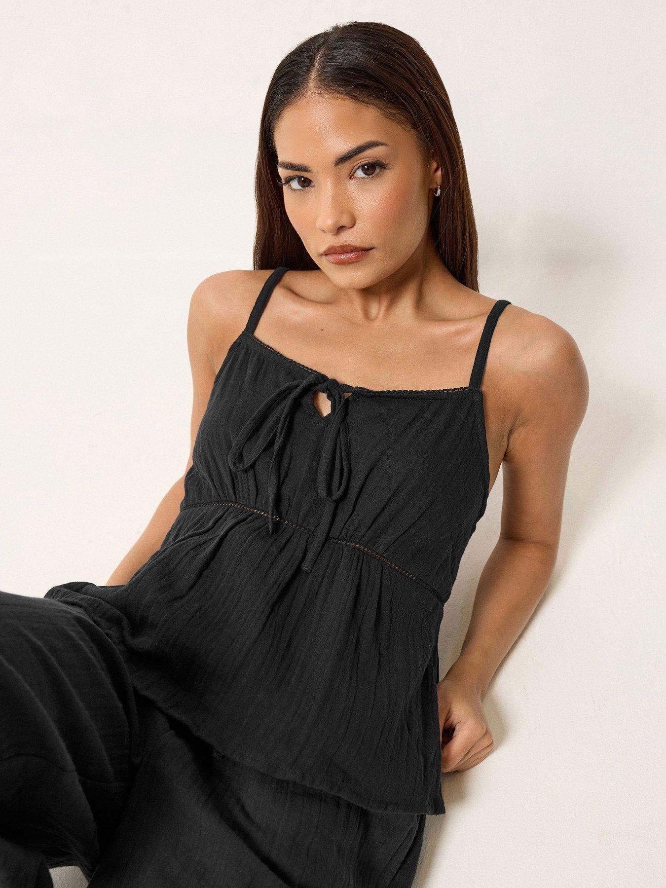 pixiegirl-petite-cheesecloth-bow-front-cami-top-blackfront
