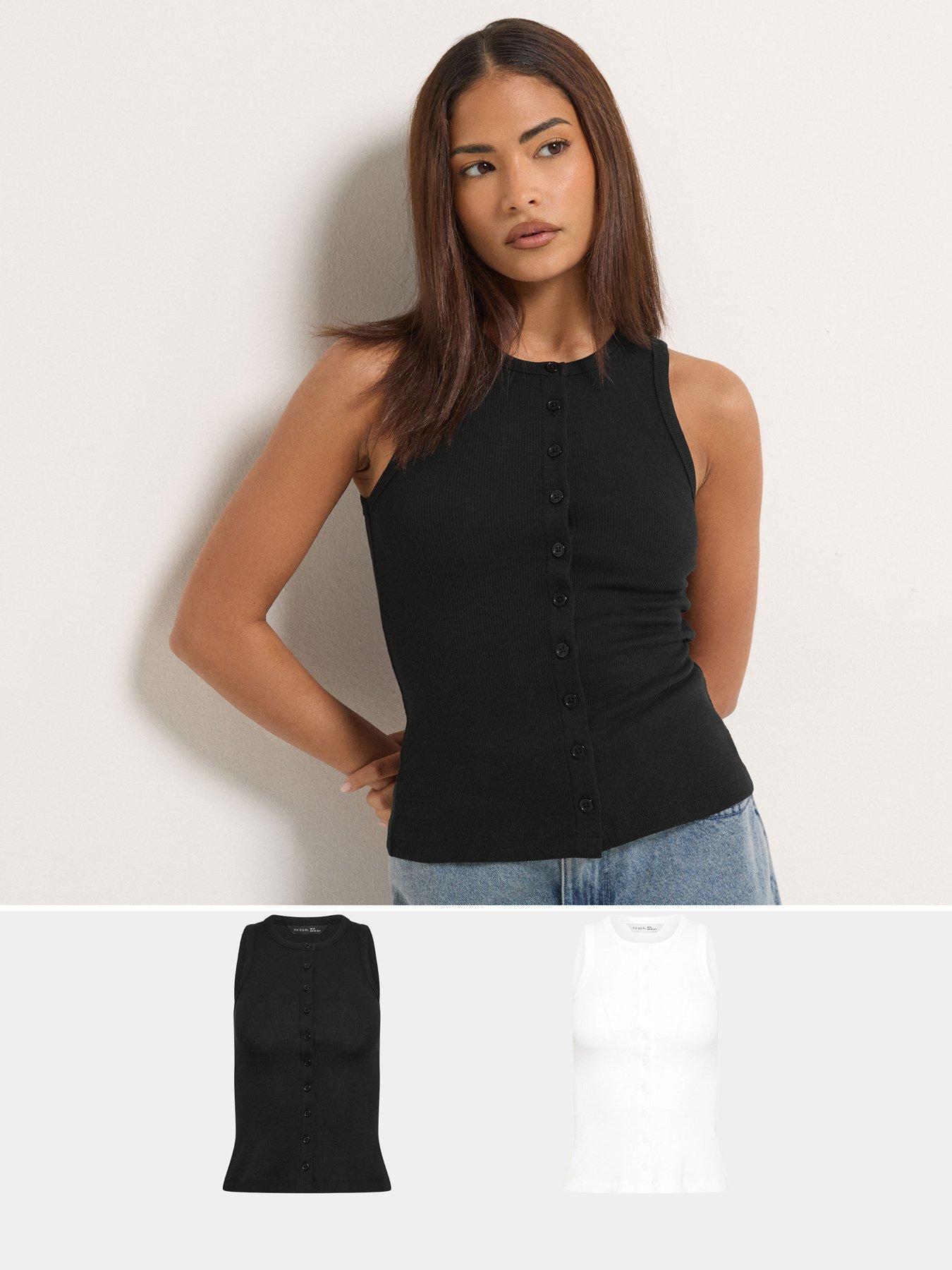 Image 1 of 6 of PixieGirl Petite 2 Pack Button Ribbed Vest - Black/White