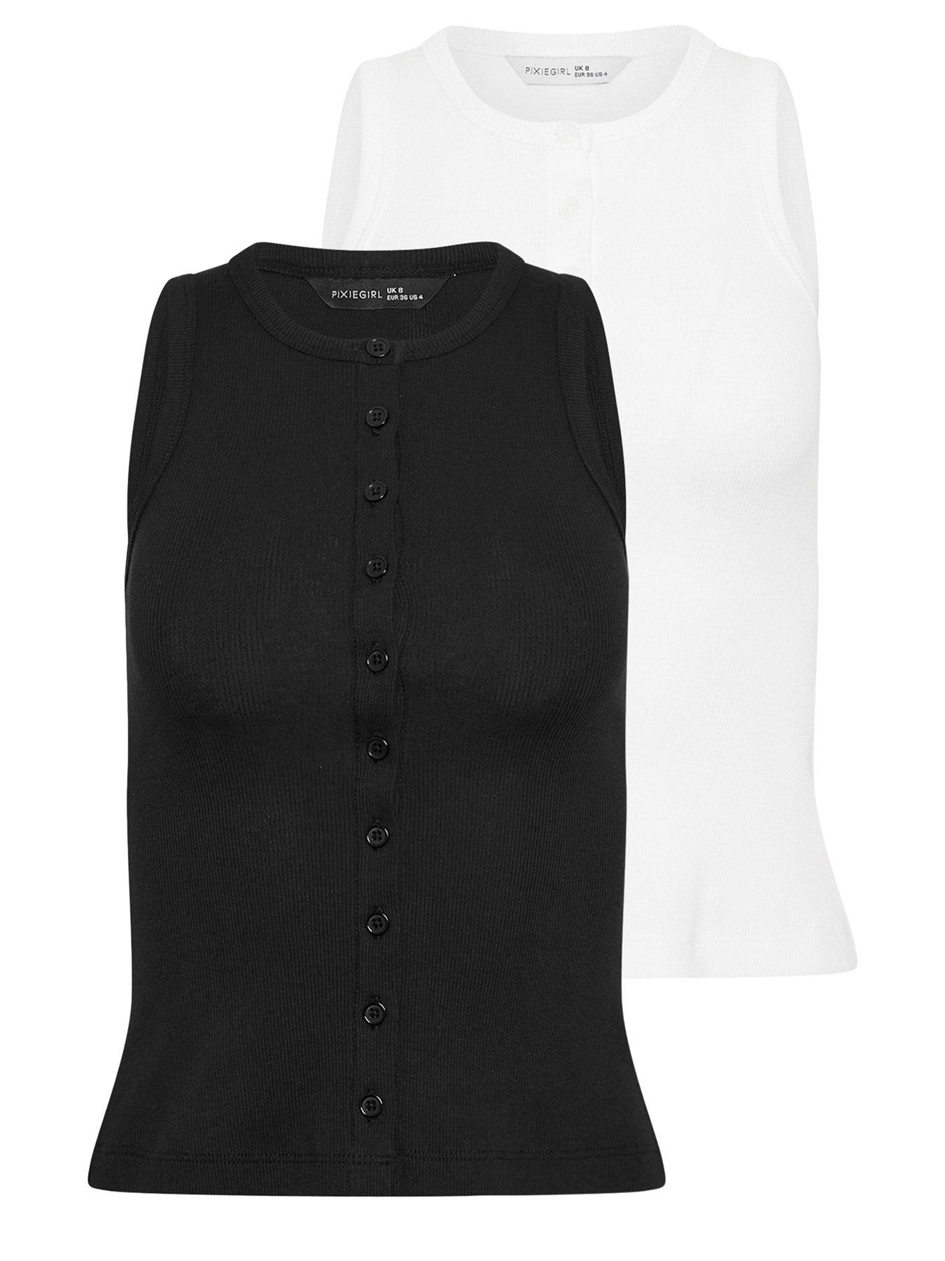 Image 6 of 6 of PixieGirl Petite 2 Pack Button Ribbed Vest - Black/White