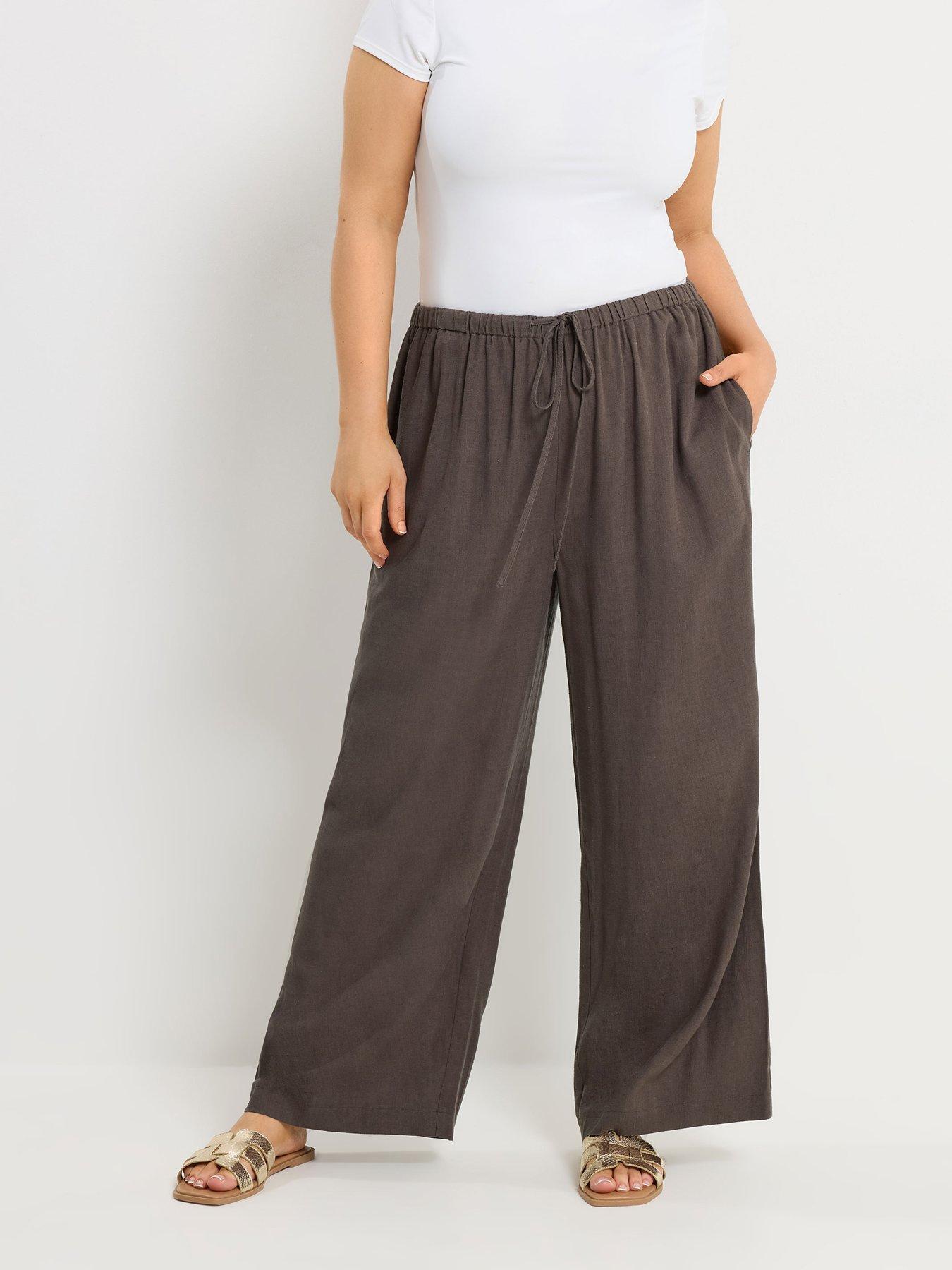 Yours Curve Wide Leg Slim Waistband Linen Trousers - Brown