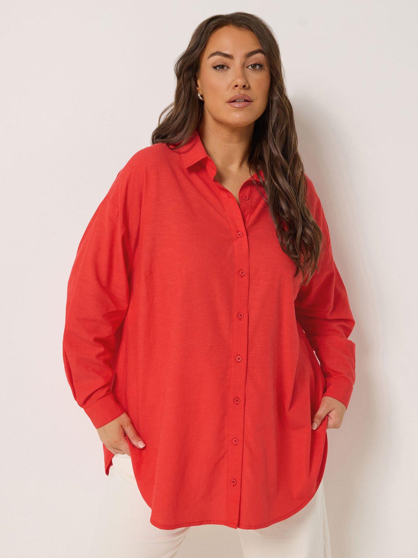 Image 1 of 5 of Yours Curve Long Sleeve Linen Shirt - Red