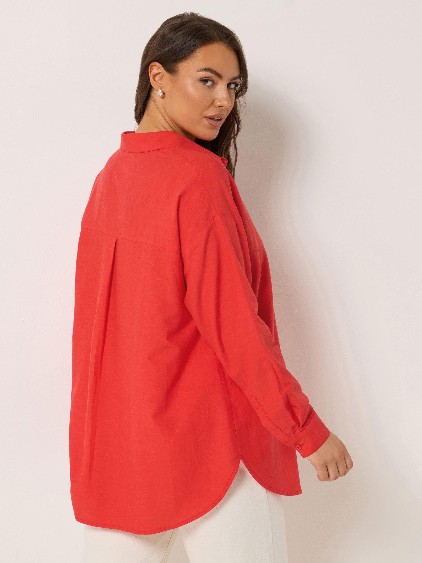 Image 2 of 5 of Yours Curve Long Sleeve Linen Shirt - Red