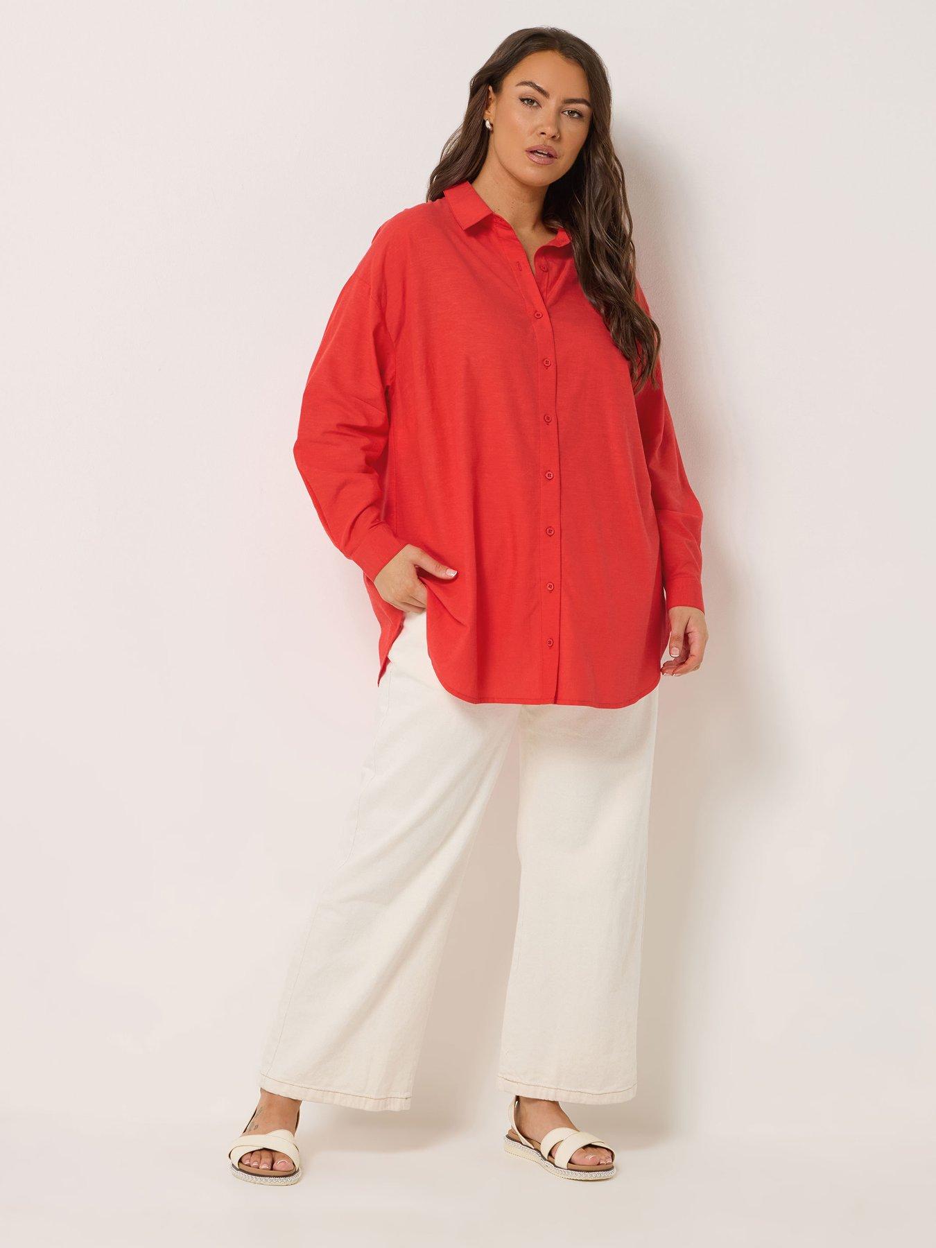 Image 3 of 5 of Yours Curve Long Sleeve Linen Shirt - Red