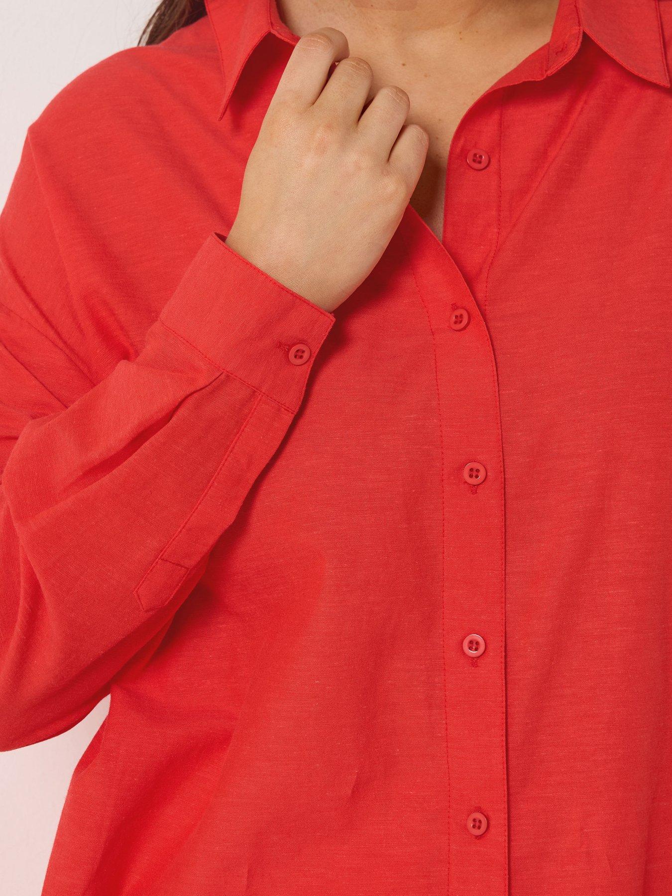 Image 4 of 5 of Yours Curve Long Sleeve Linen Shirt - Red