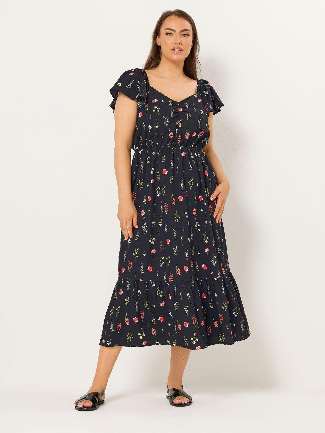 Yours Curve Ruched Flutter Midi Dress - Black