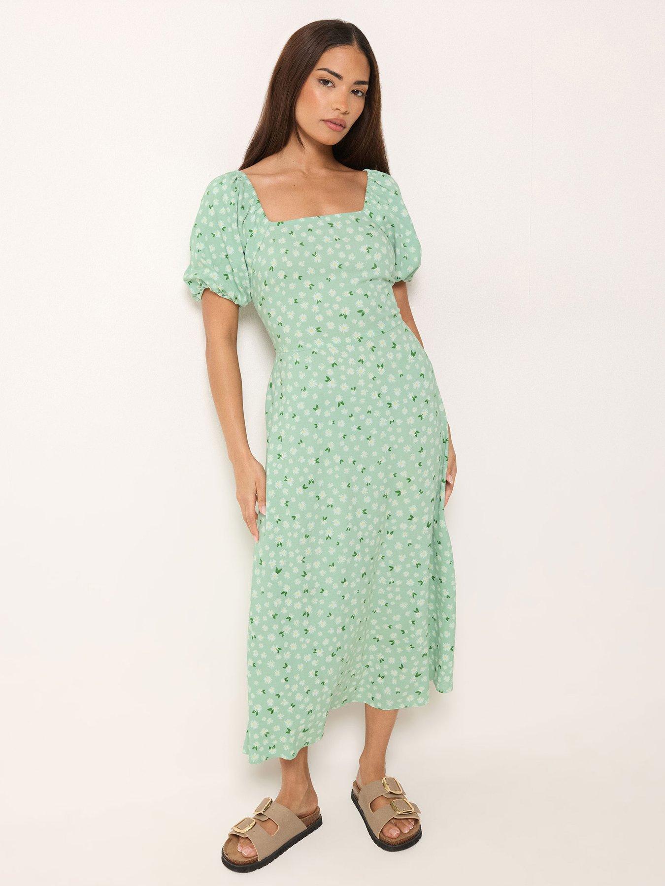 Image 1 of 5 of PixieGirl Petite Daisy Square Neck Puff Sleeve Midi Dress - Green