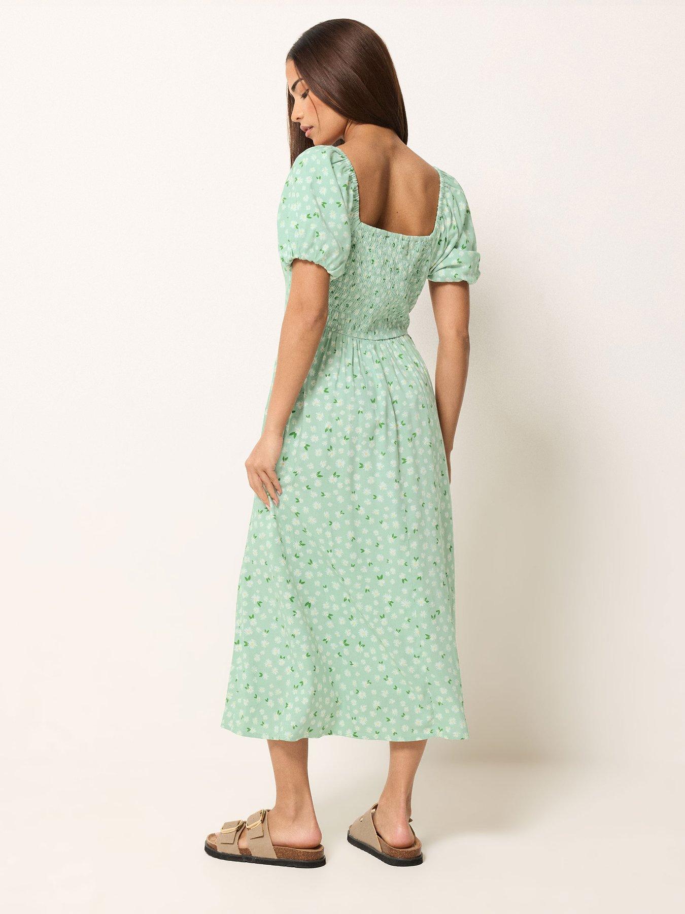 Image 2 of 5 of PixieGirl Petite Daisy Square Neck Puff Sleeve Midi Dress - Green