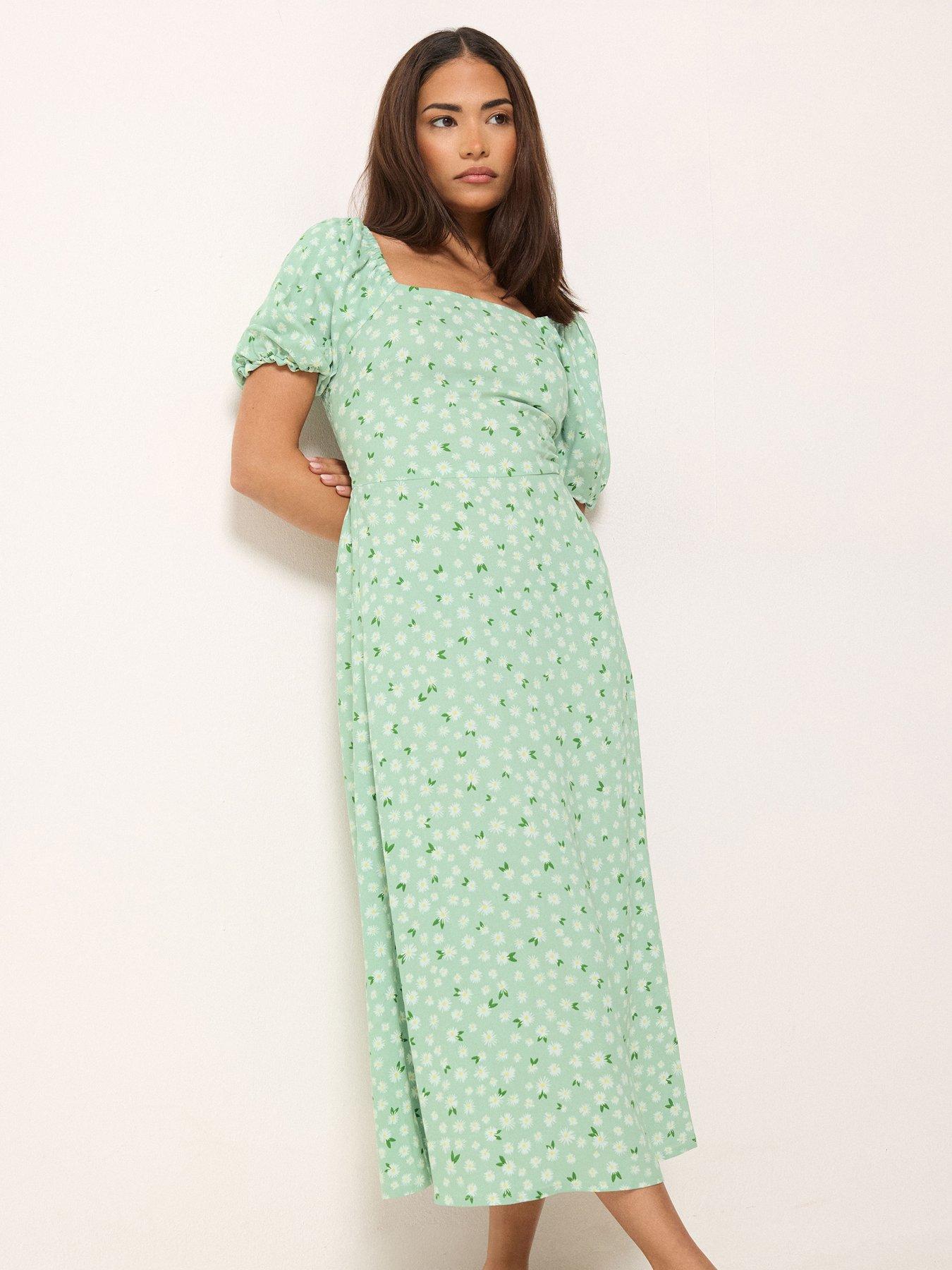 Image 3 of 5 of PixieGirl Petite Daisy Square Neck Puff Sleeve Midi Dress - Green