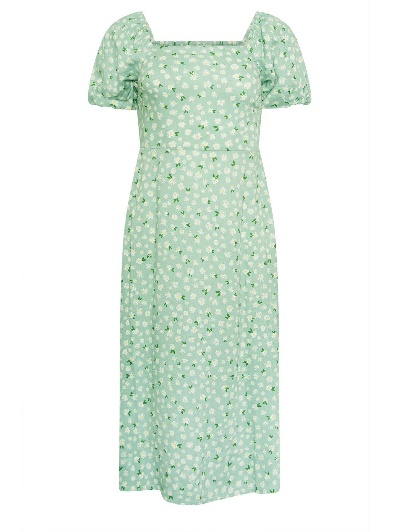 Image 5 of 5 of PixieGirl Petite Daisy Square Neck Puff Sleeve Midi Dress - Green