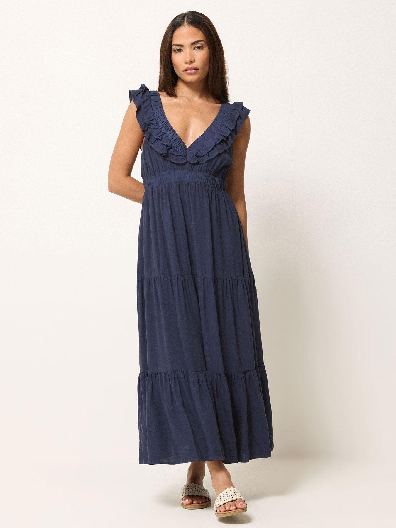 PixieGirl Petite Acid Wash Frill Maxi Dress - Blue