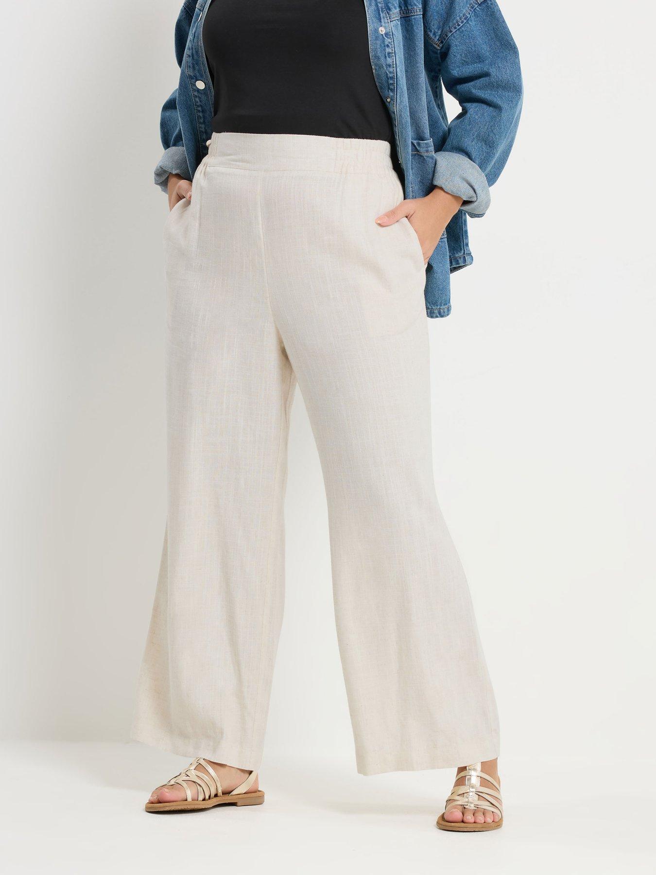yours-curve-linen-pull-on-wide-leg-trousers-creamfront