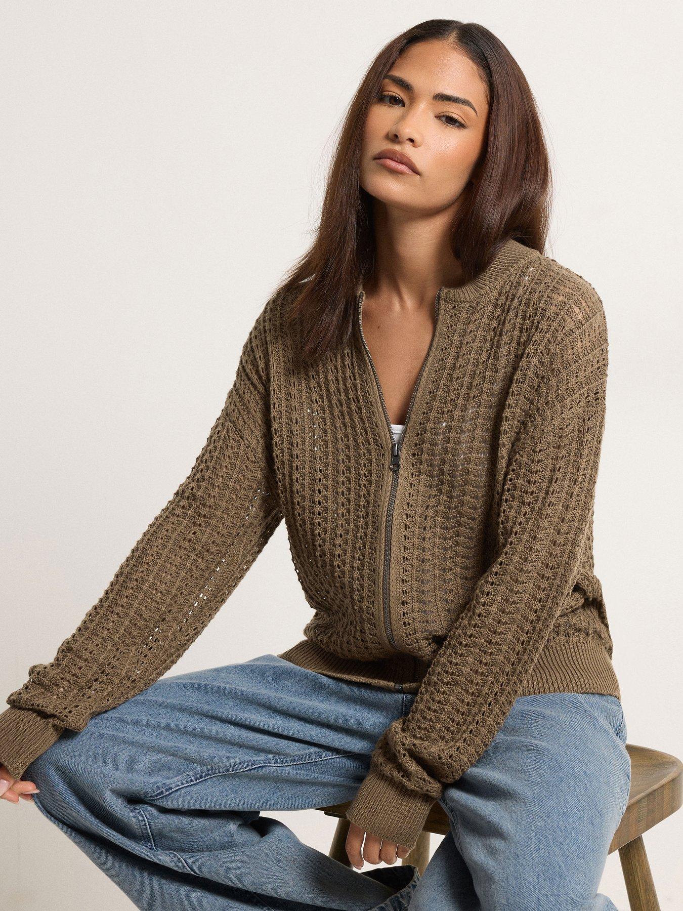 pixiegirl-petite-crochet-bomber-cardigan-brownfront