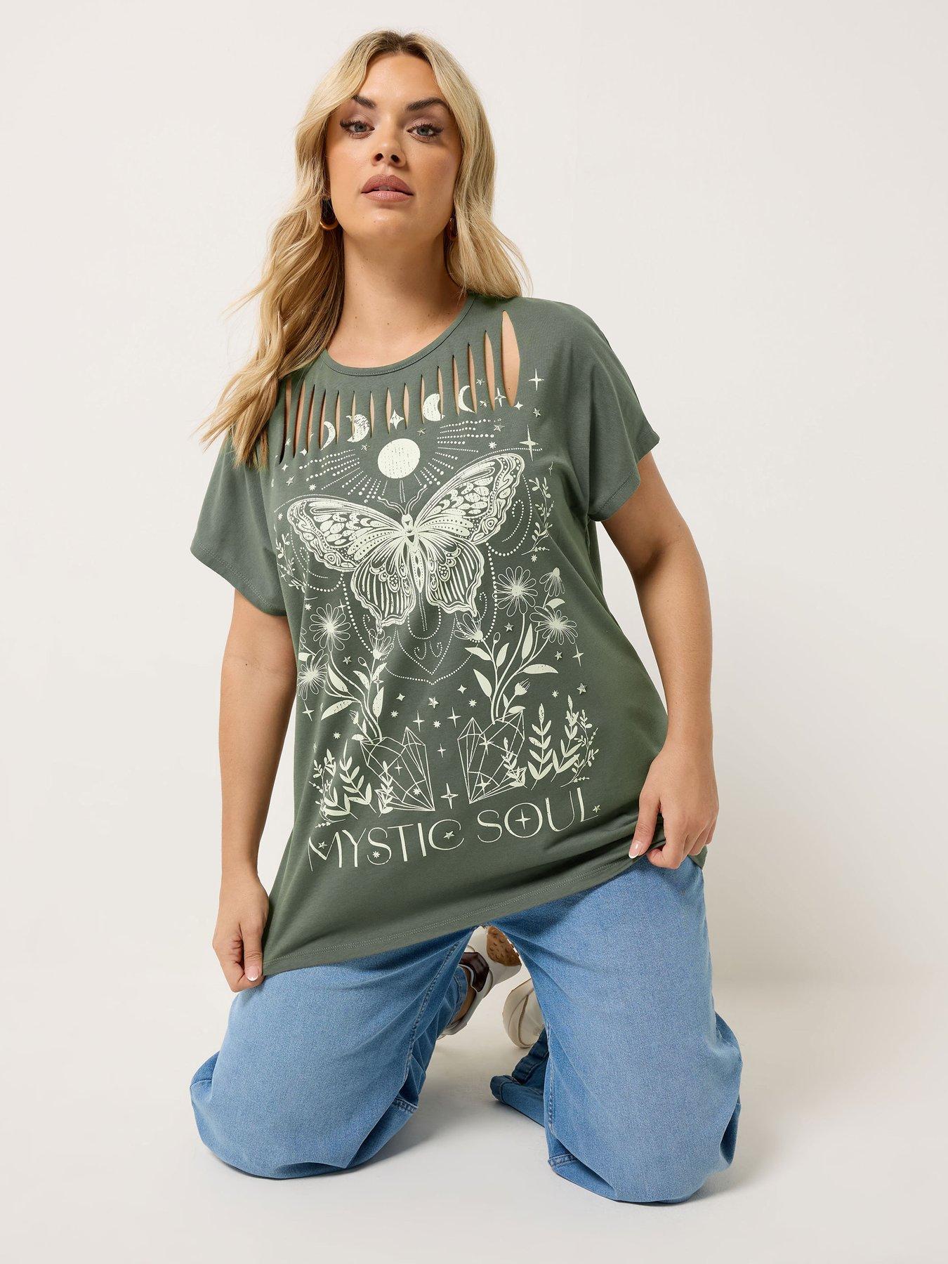 Image 1 of 5 of Yours Curve Placement Laser Cut T-Shirt - Green
