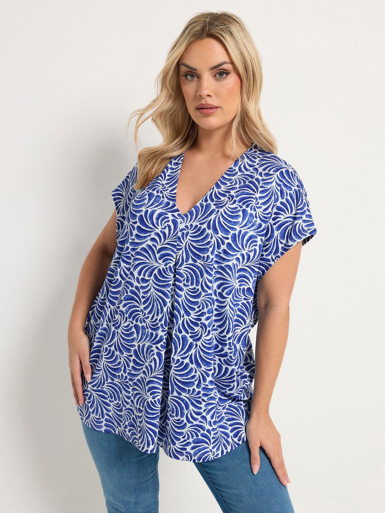 Yours Curve Pleat Crepe T-Shirt - Blue