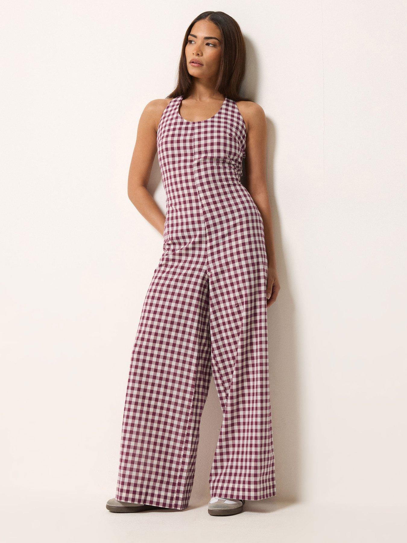 PixieGirl Petite Gingham Halter Wide Leg Jumpsuit - Purple