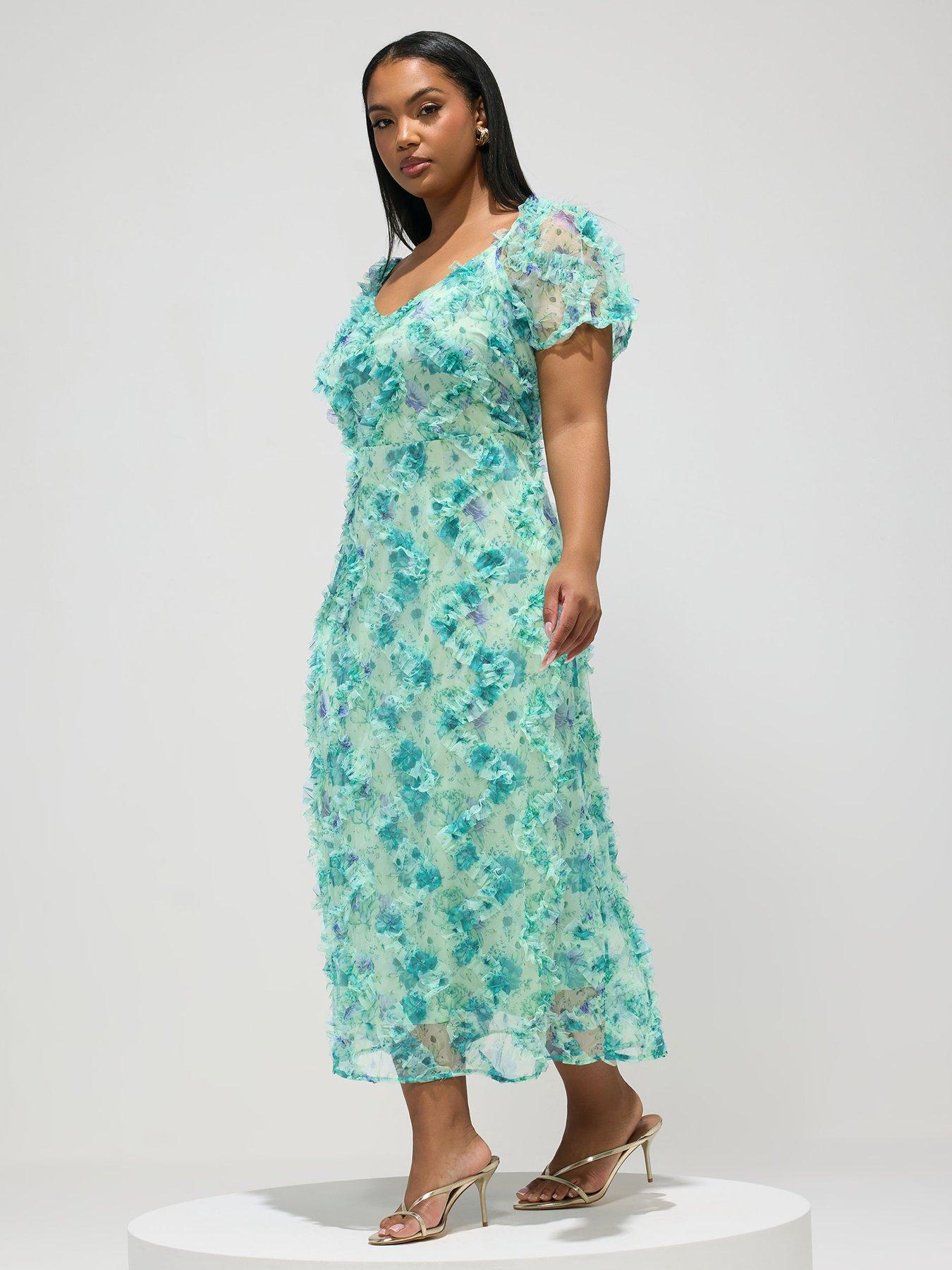 Image 1 of 5 of Yours Curve Floral Chevron Maxi Dress - Green