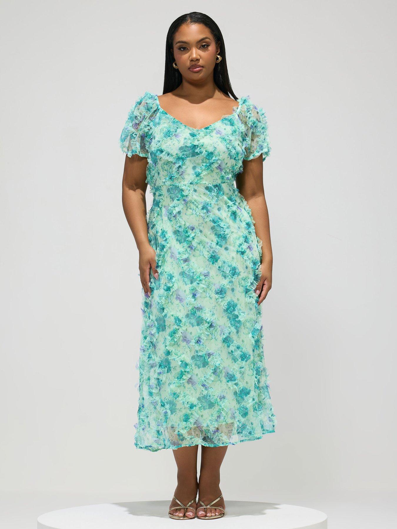 Image 3 of 5 of Yours Curve Floral Chevron Maxi Dress - Green