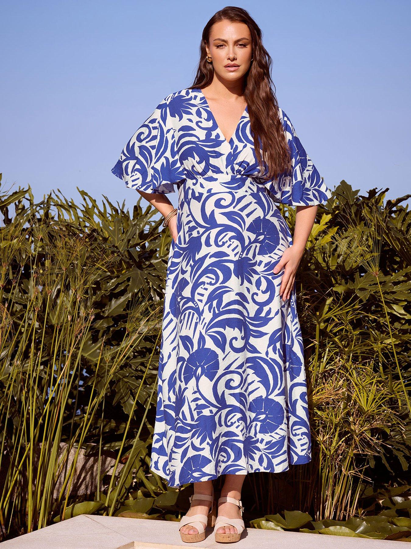 Image 1 of 5 of Yours Curve Linen Look Kimono Wrap Dress - Blue