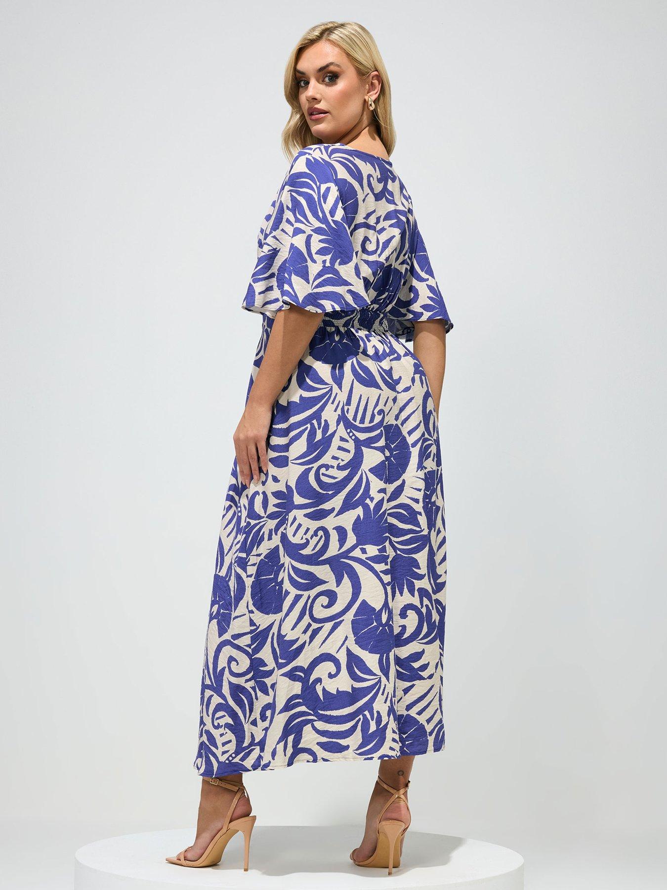 Image 2 of 5 of Yours Curve Linen Look Kimono Wrap Dress - Blue