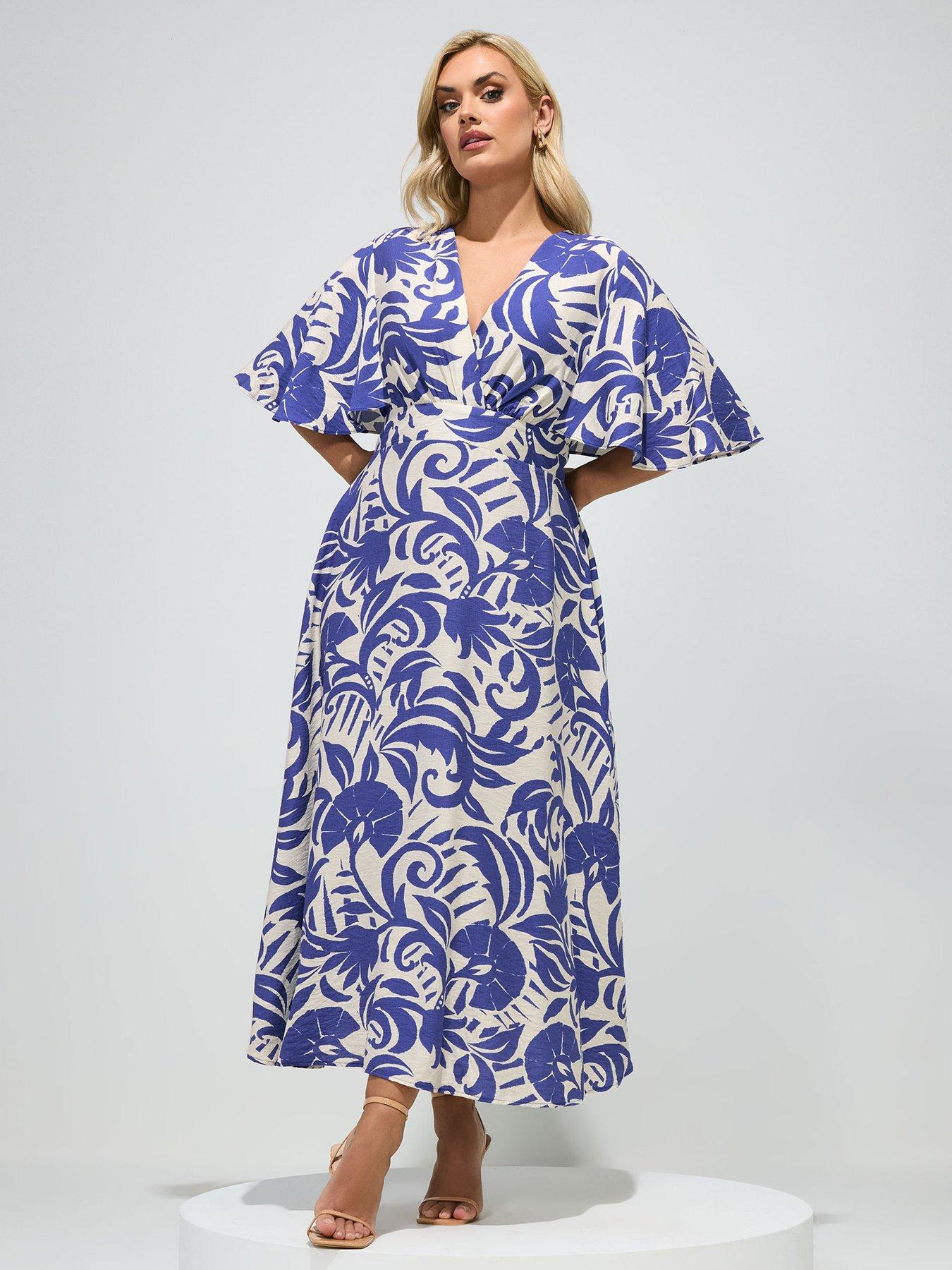 Image 3 of 5 of Yours Curve Linen Look Kimono Wrap Dress - Blue