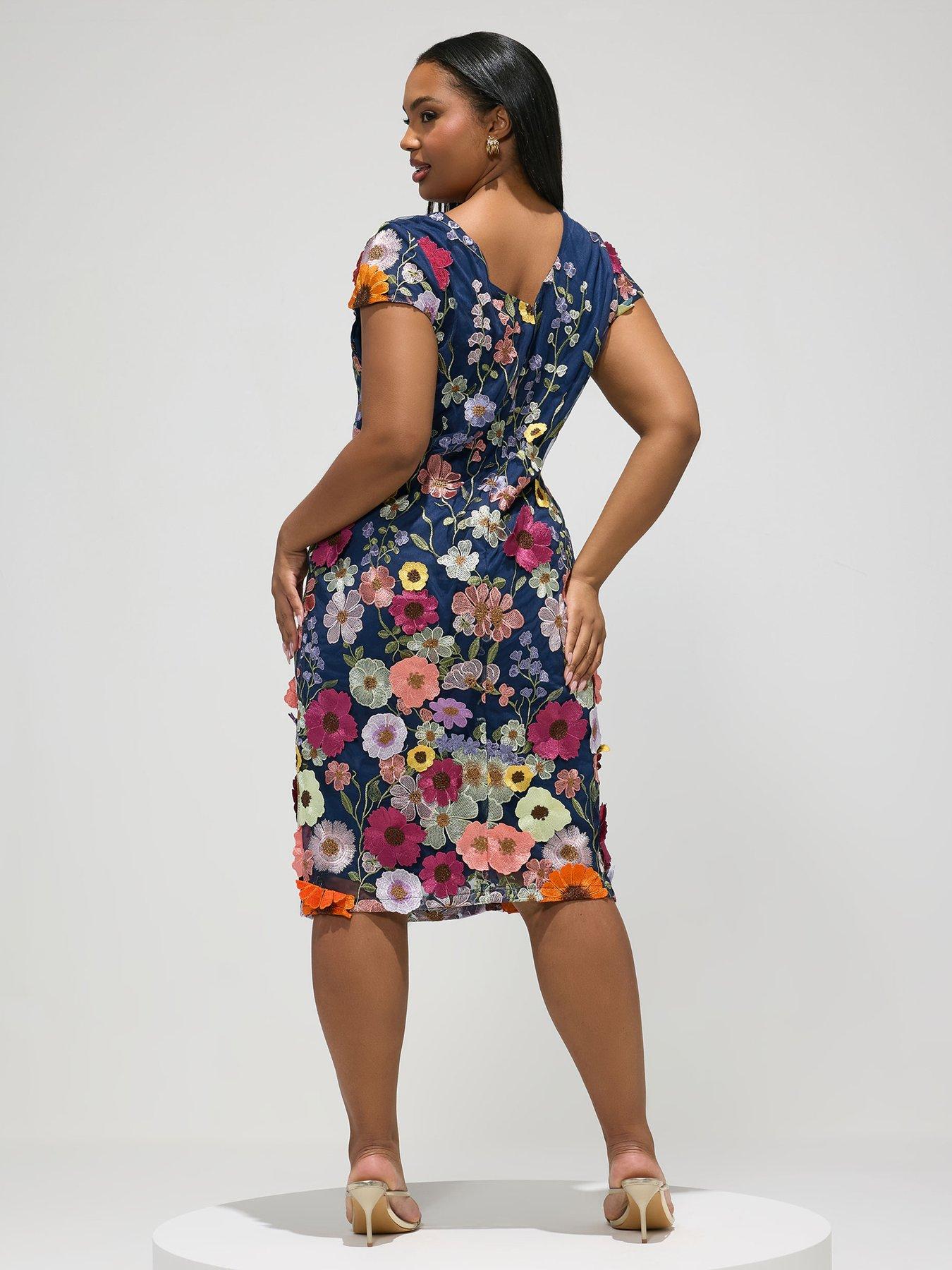 Image 2 of 5 of Yours Curve Multi 3D Floral Shift Dress - Blue
