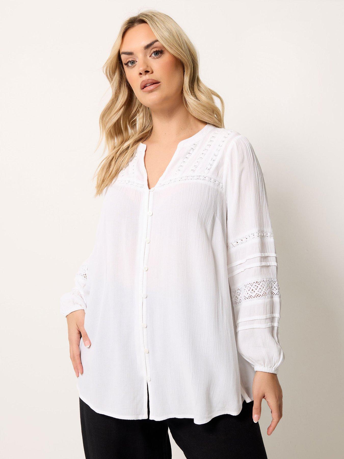 Yours Curve Crochet Sleeve Crinkle Notchneck Top - White