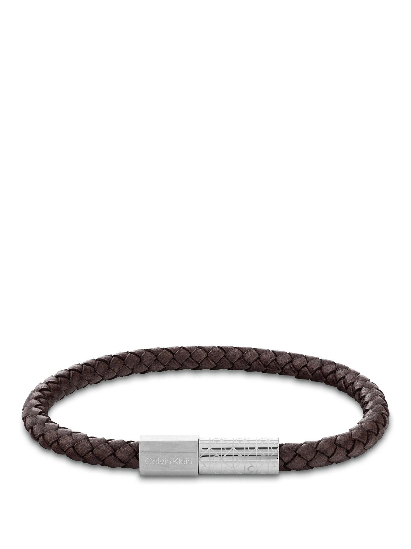 Calvin Klein Calvin Klein Mens CK Industrial Facets Stainless Steel  &  Brown Leather Bracelet